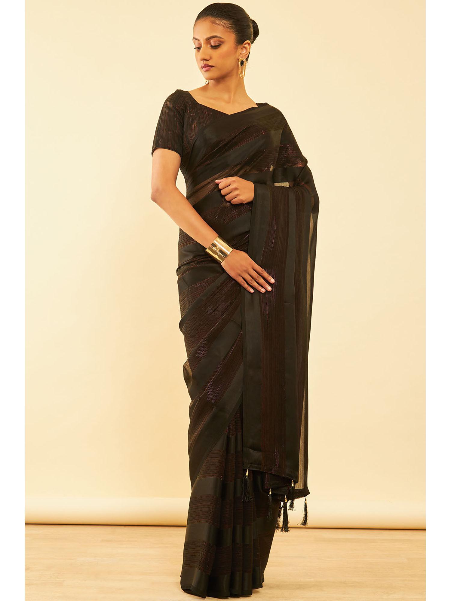 womens black chiffon striped saree with tassels with unstitched blouse