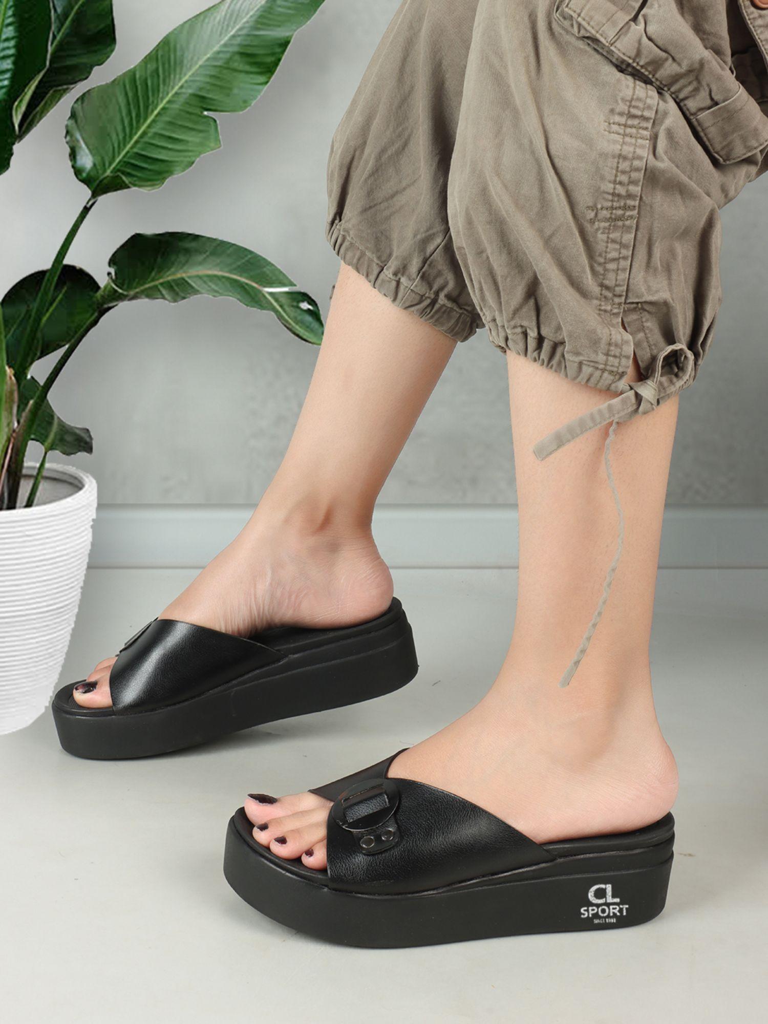womens black color slip-on buckle comfortable sandals