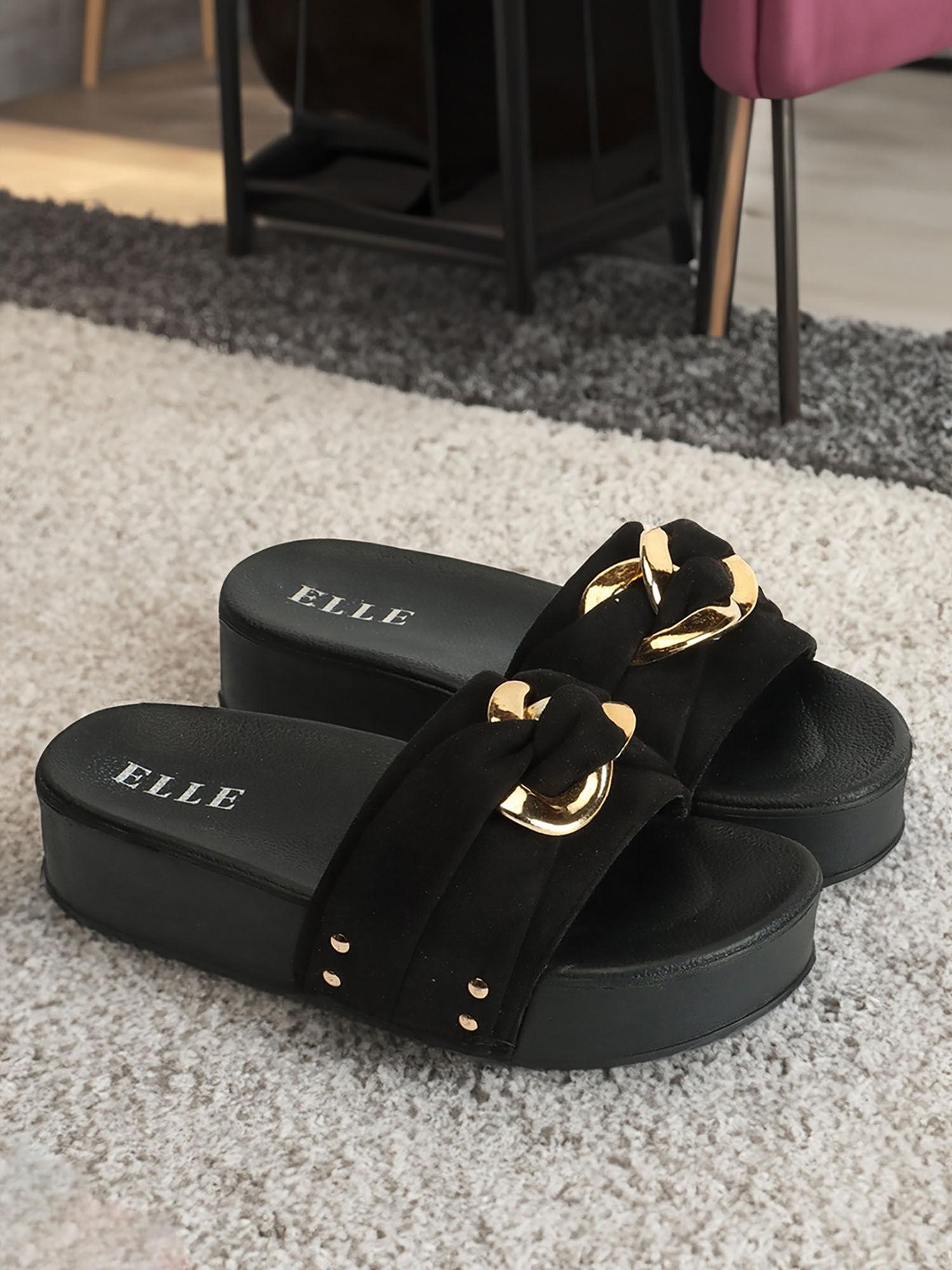 womens black color solid casual wear sliders