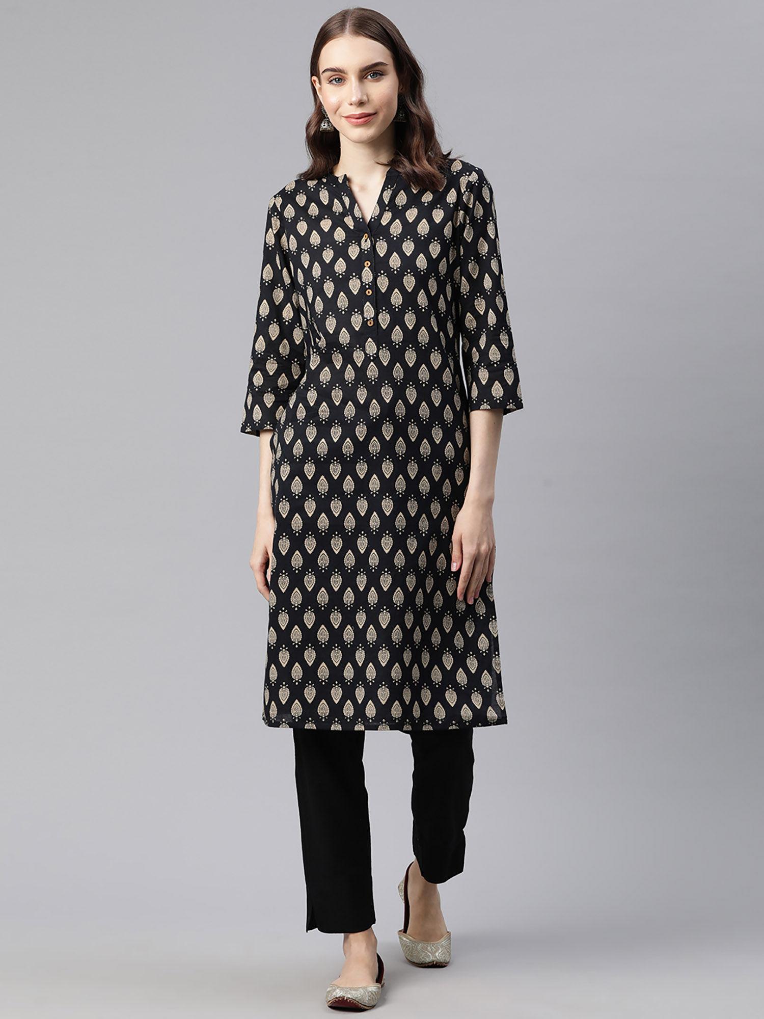 womens black cotton ethnic motifs straight kurta black