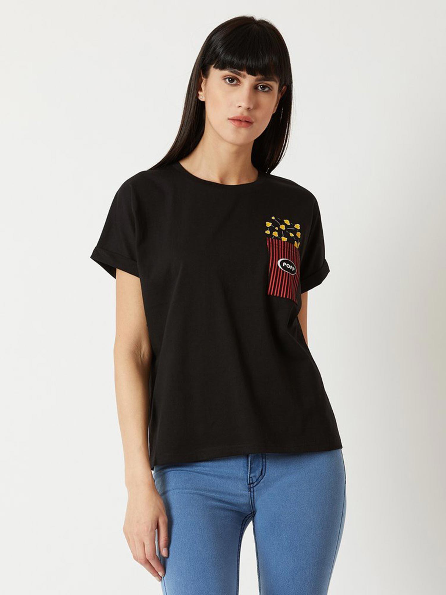 womens black cotton round neck short sleeve graphic print basic t-shirt