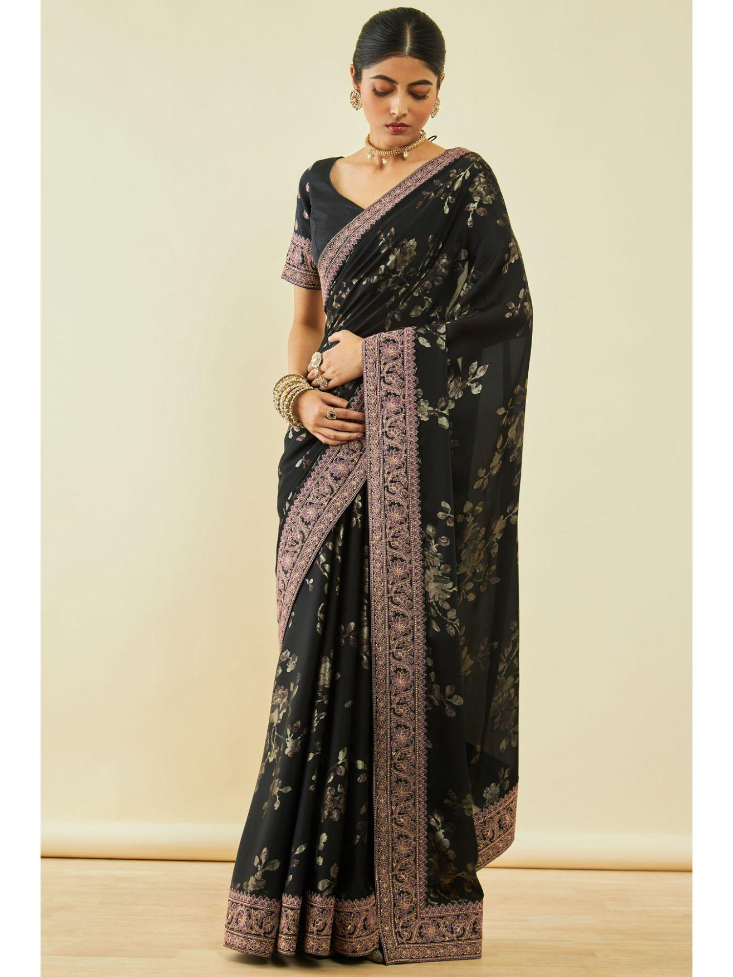 womens black crepe floral print saree with unstitched blouse