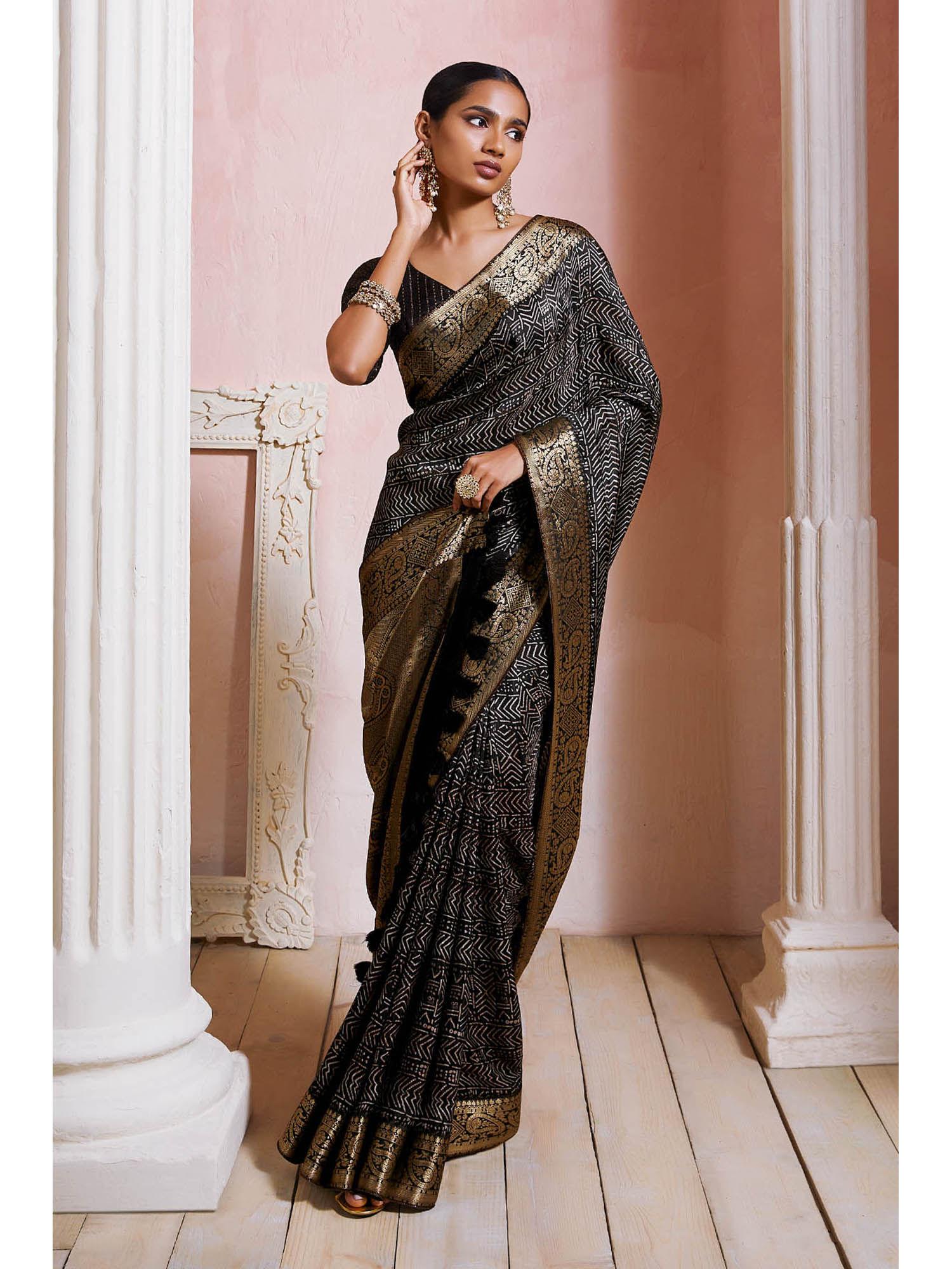 womens black crepe geometric print zari border saree with unstitched blouse