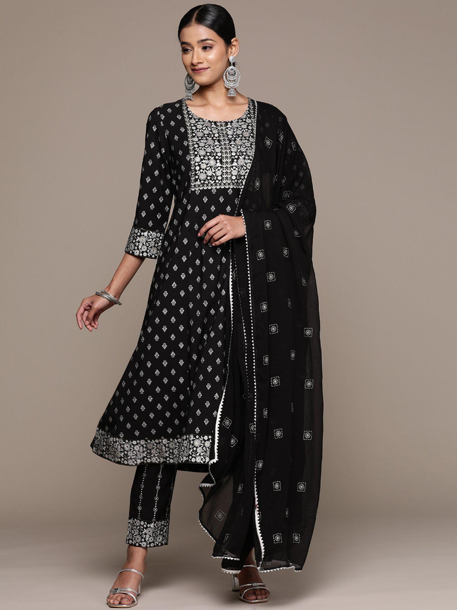 womens black crepe kurta pant and dupatta (set of 3)