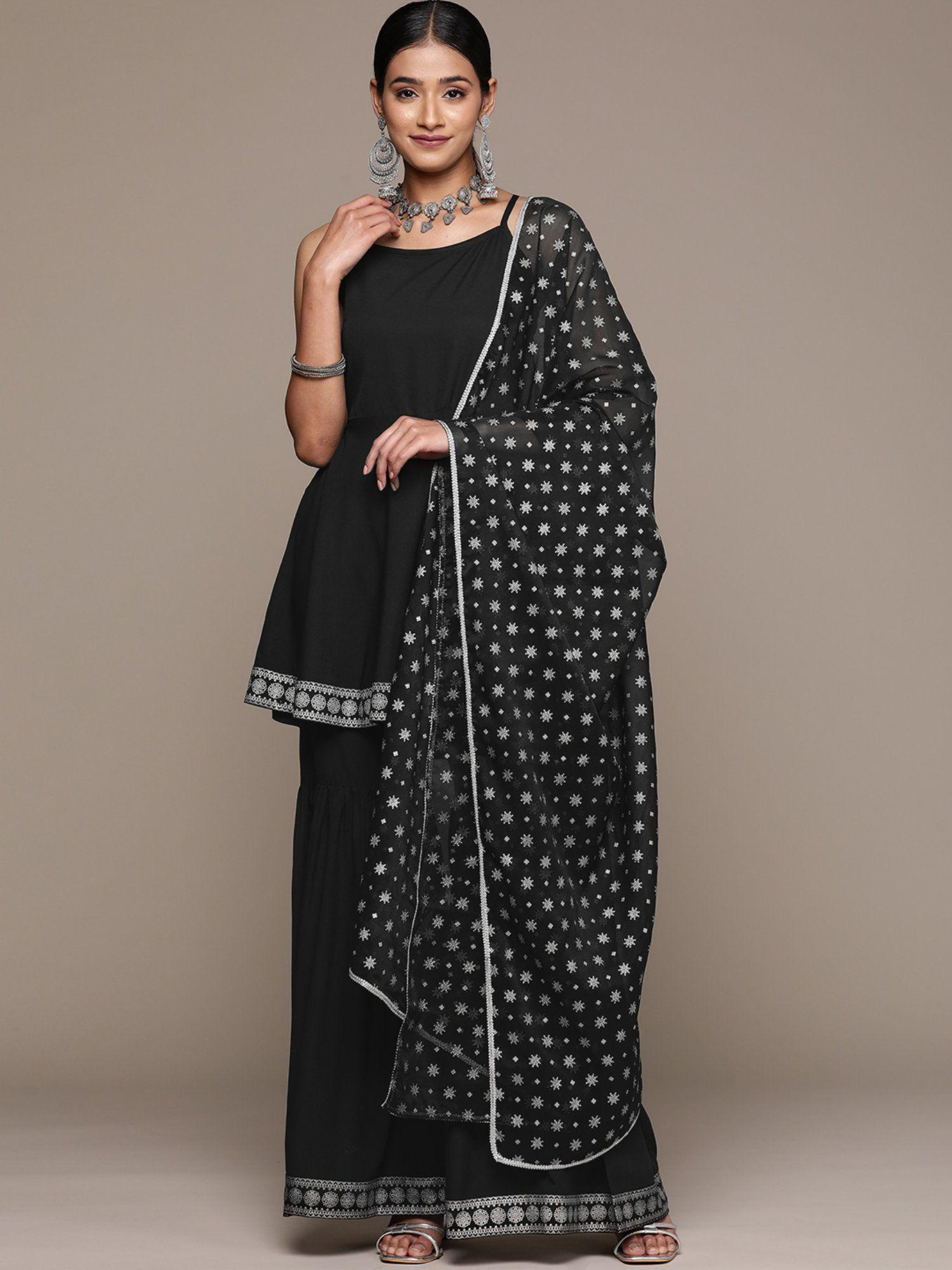 womens black crepe kurta sharara and dupatta (set of 3)