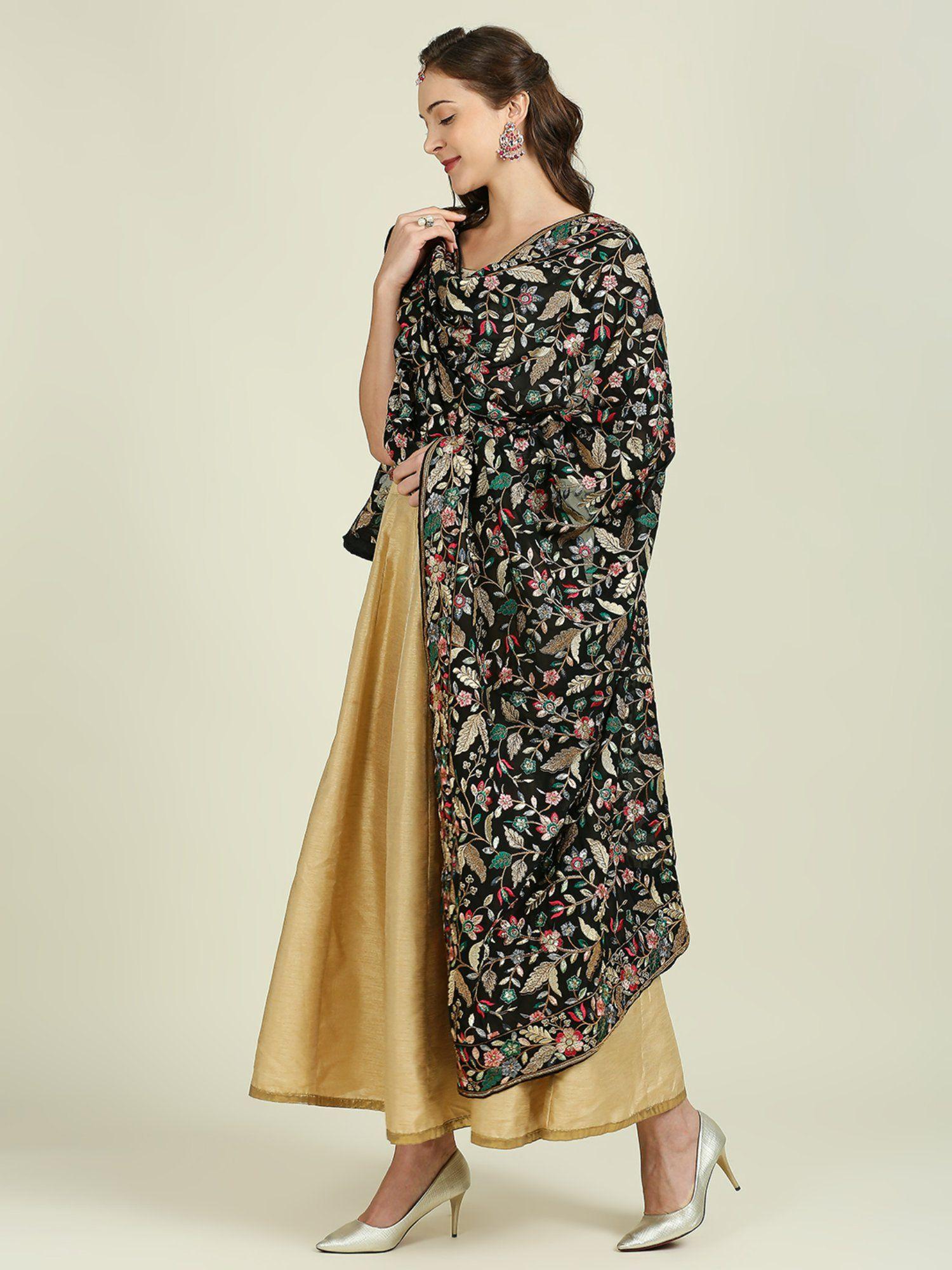 womens black dupatta with heavy embroidery