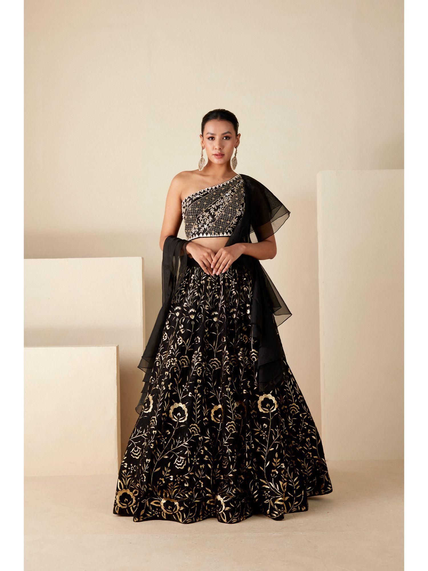 womens black embellished blouse with lehenga and dupatta (set of 3)