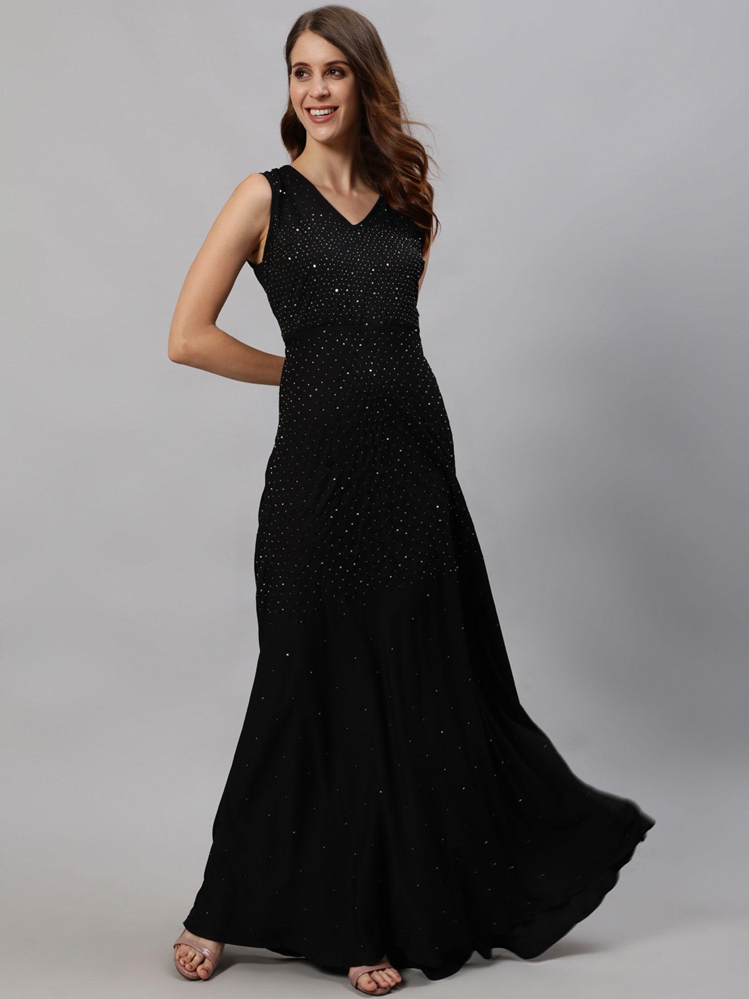 womens black embellished gown dress