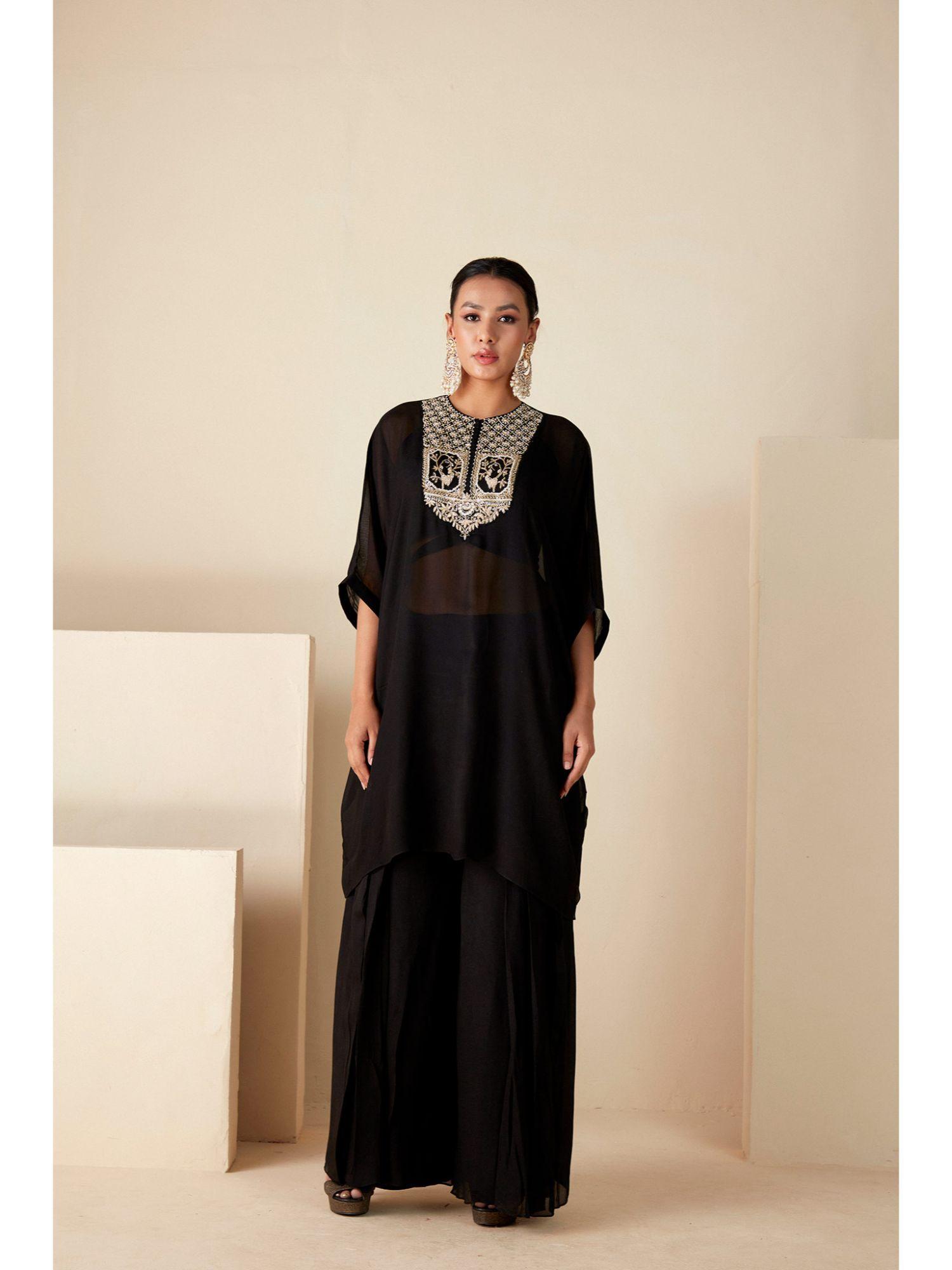 womens black embellished kaftan with inner and palazzo (set of 3)