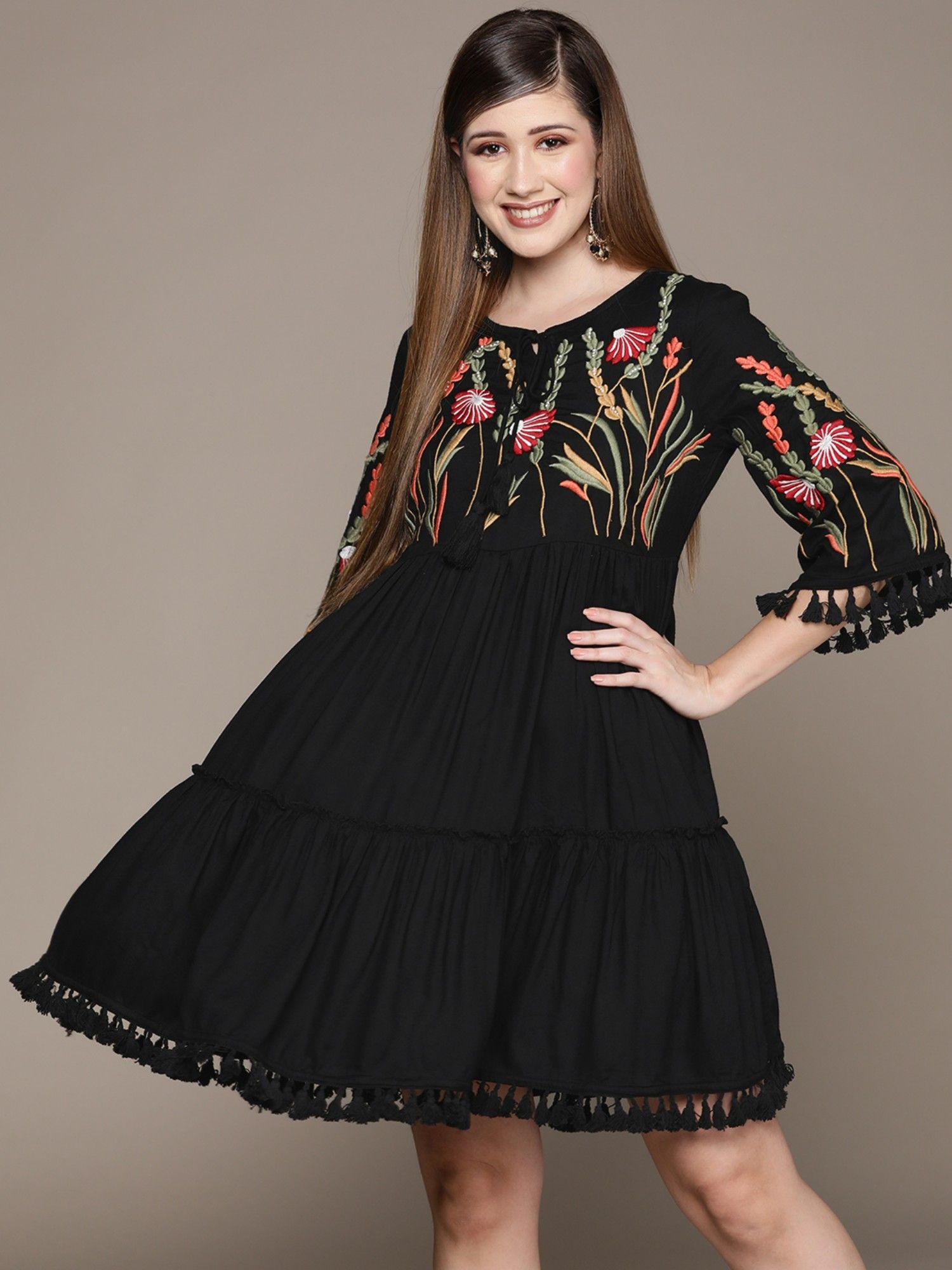 womens black embroidered a-line dress