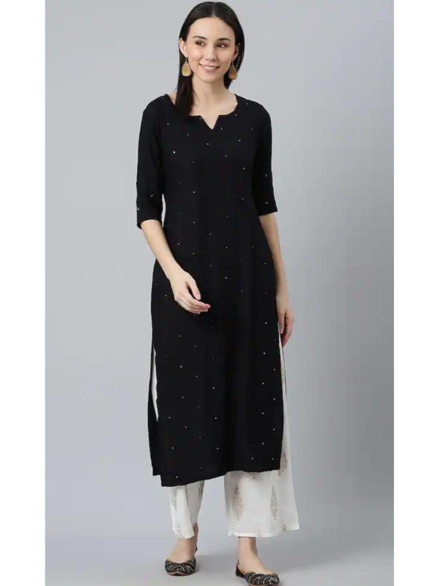 womens black embroidered and mirror work straight kurta