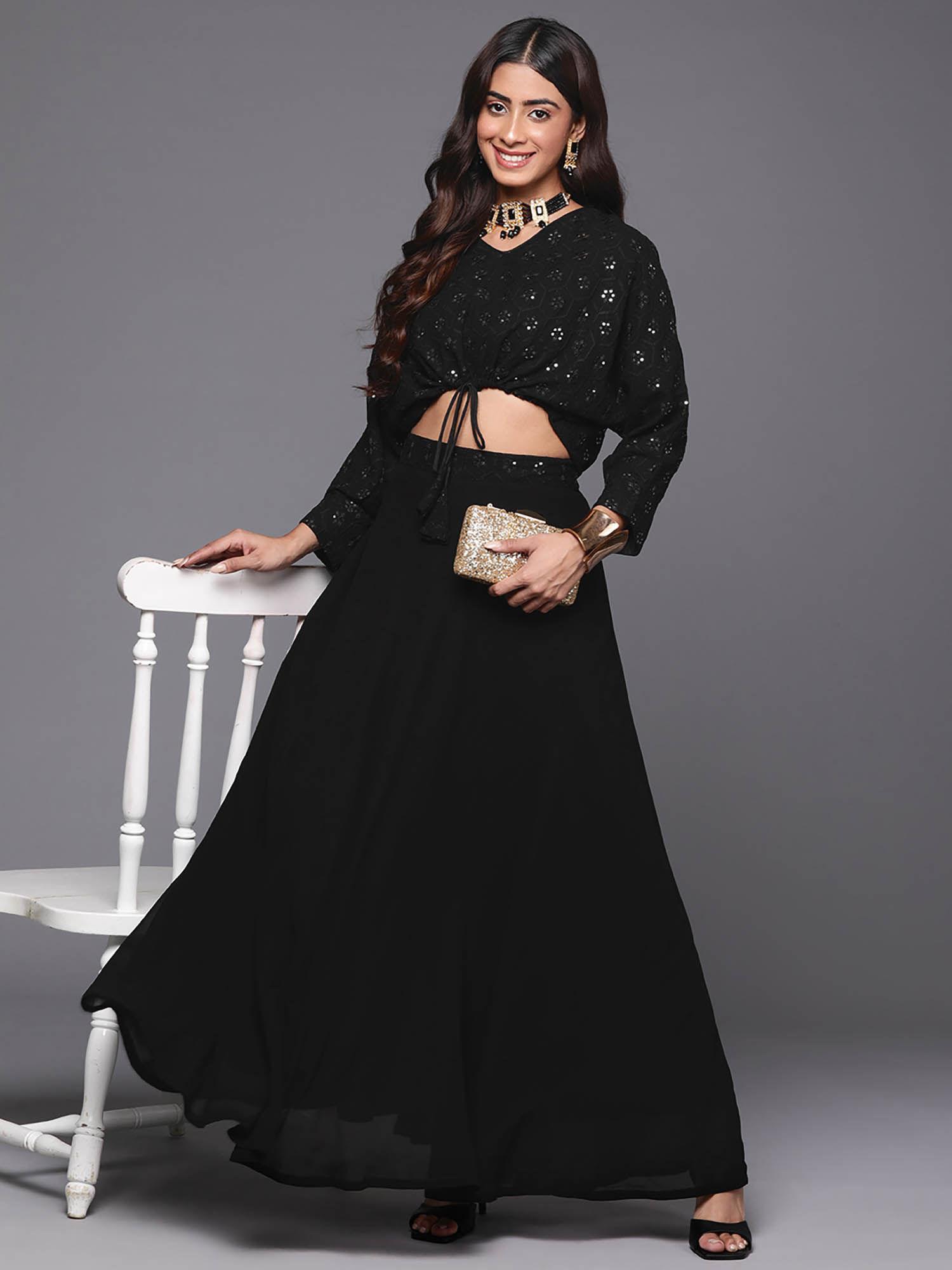 womens black embroidered sequined crop top with lehenga (set of 2)