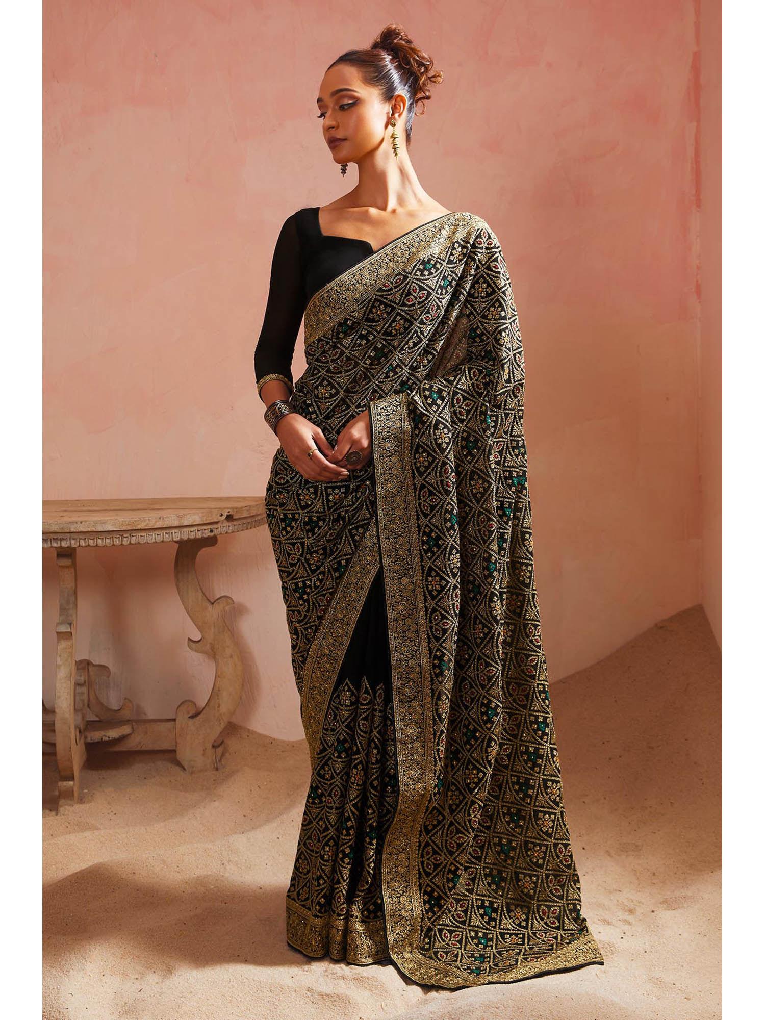 womens black ethnic embroidery georgette saree with unstitched blouse