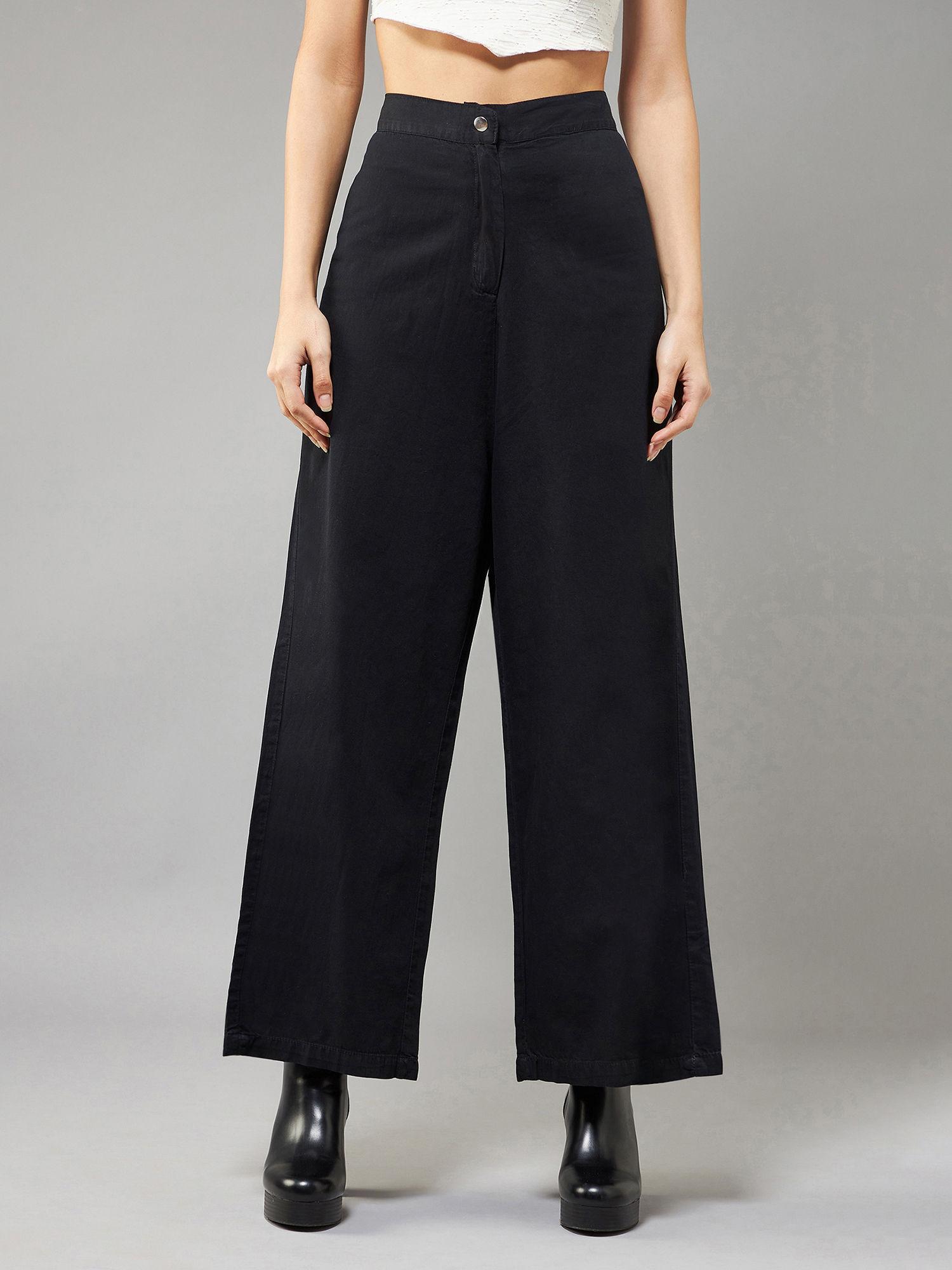 womens black flared wide non stretchable denim pant