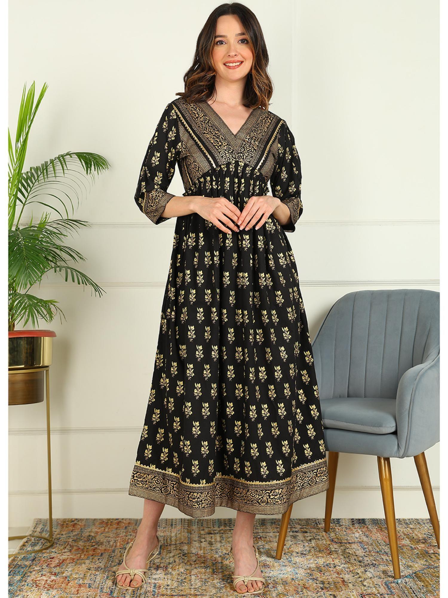 womens black floral foil printed rayon flared dress