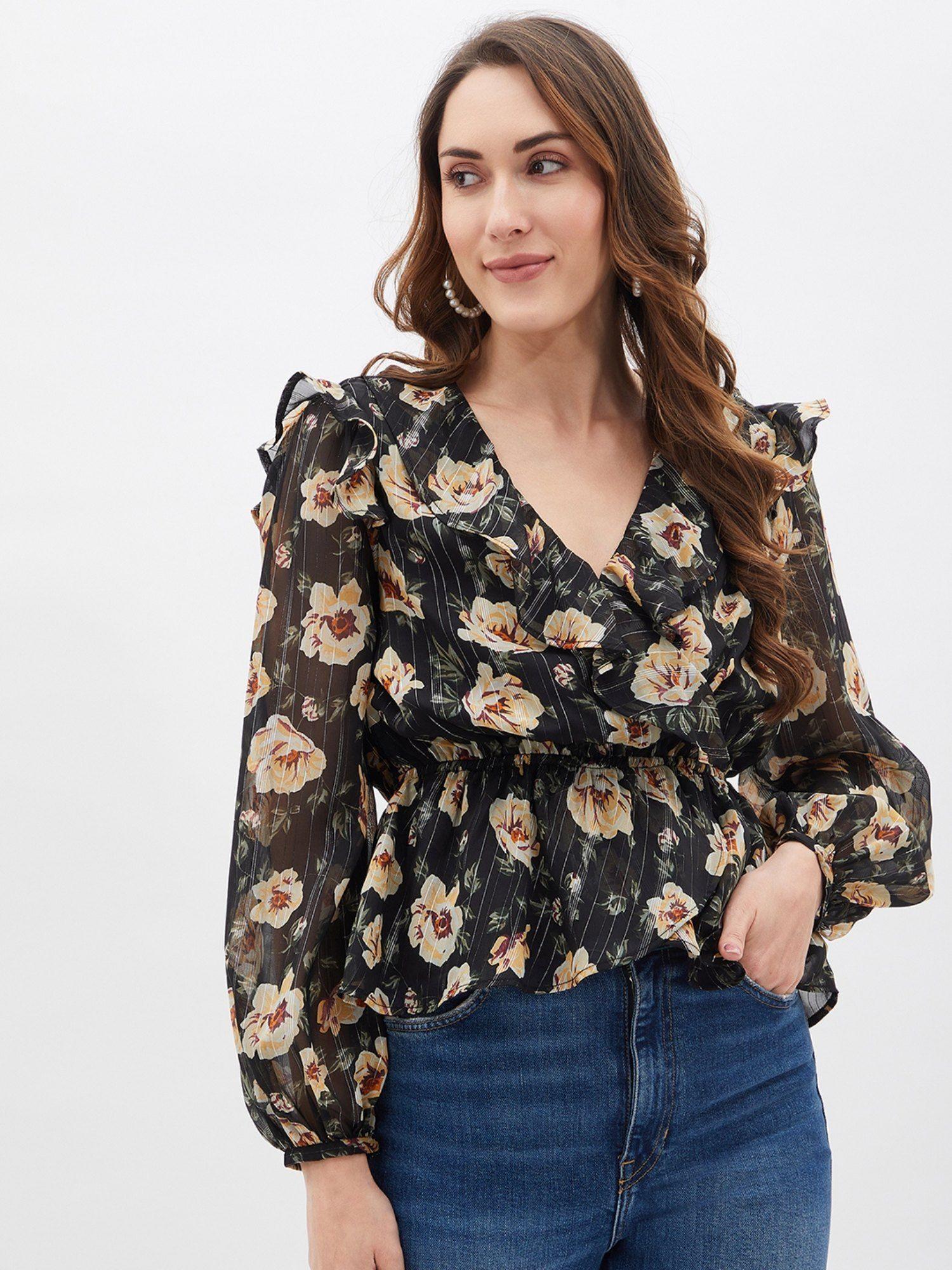 womens black floral print long sleeve ruffle top