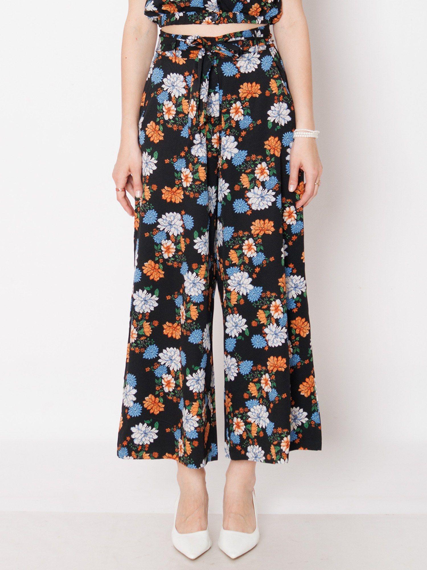 womens black floral print regular fit trouser