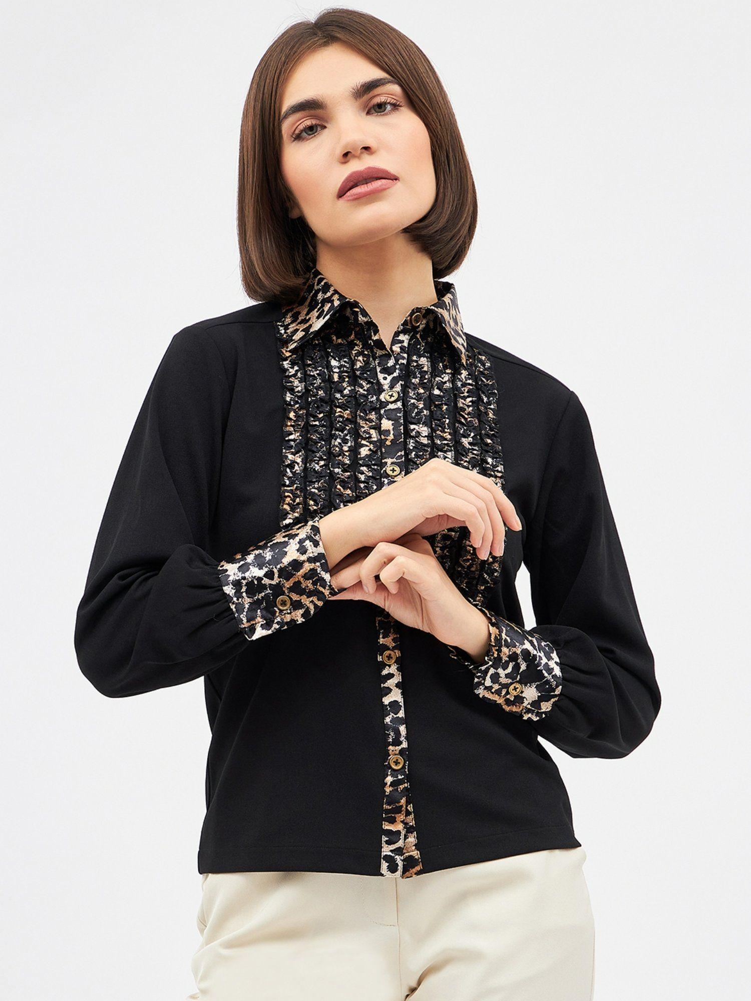 womens black frill long cuffed sleeve shirt