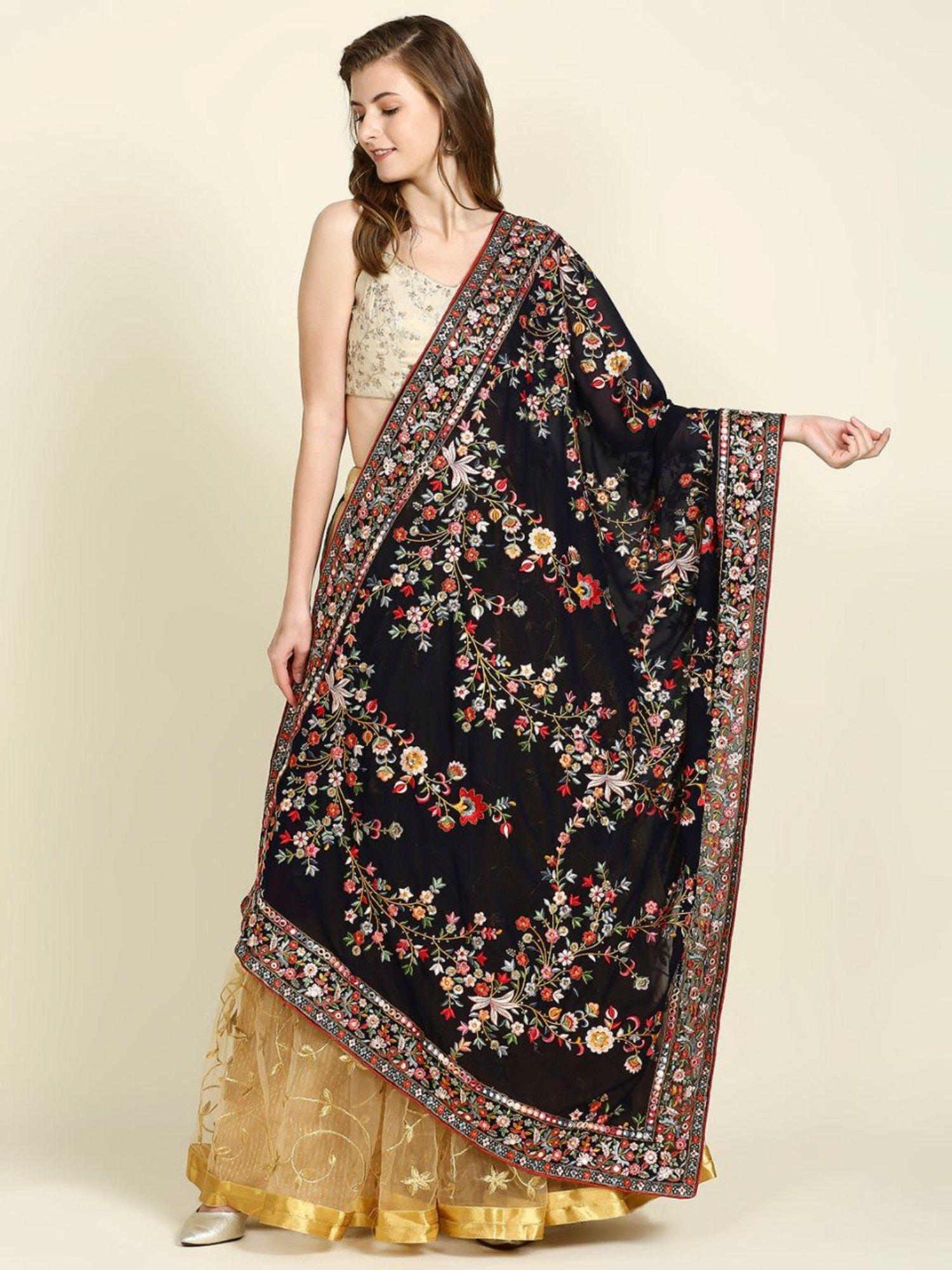womens black georgette dupatta with heavy embroidery