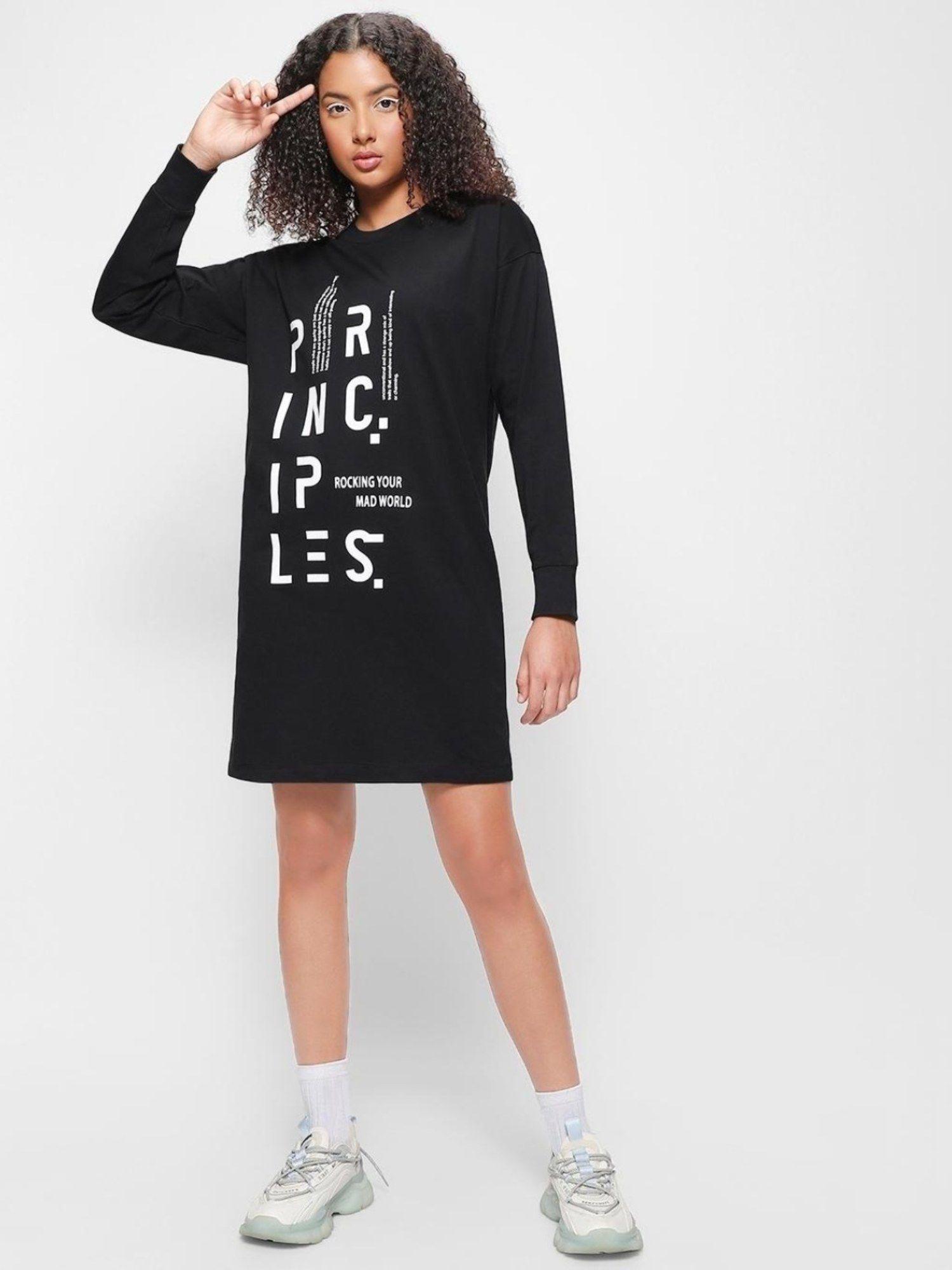 womens black graphic boxy dresses