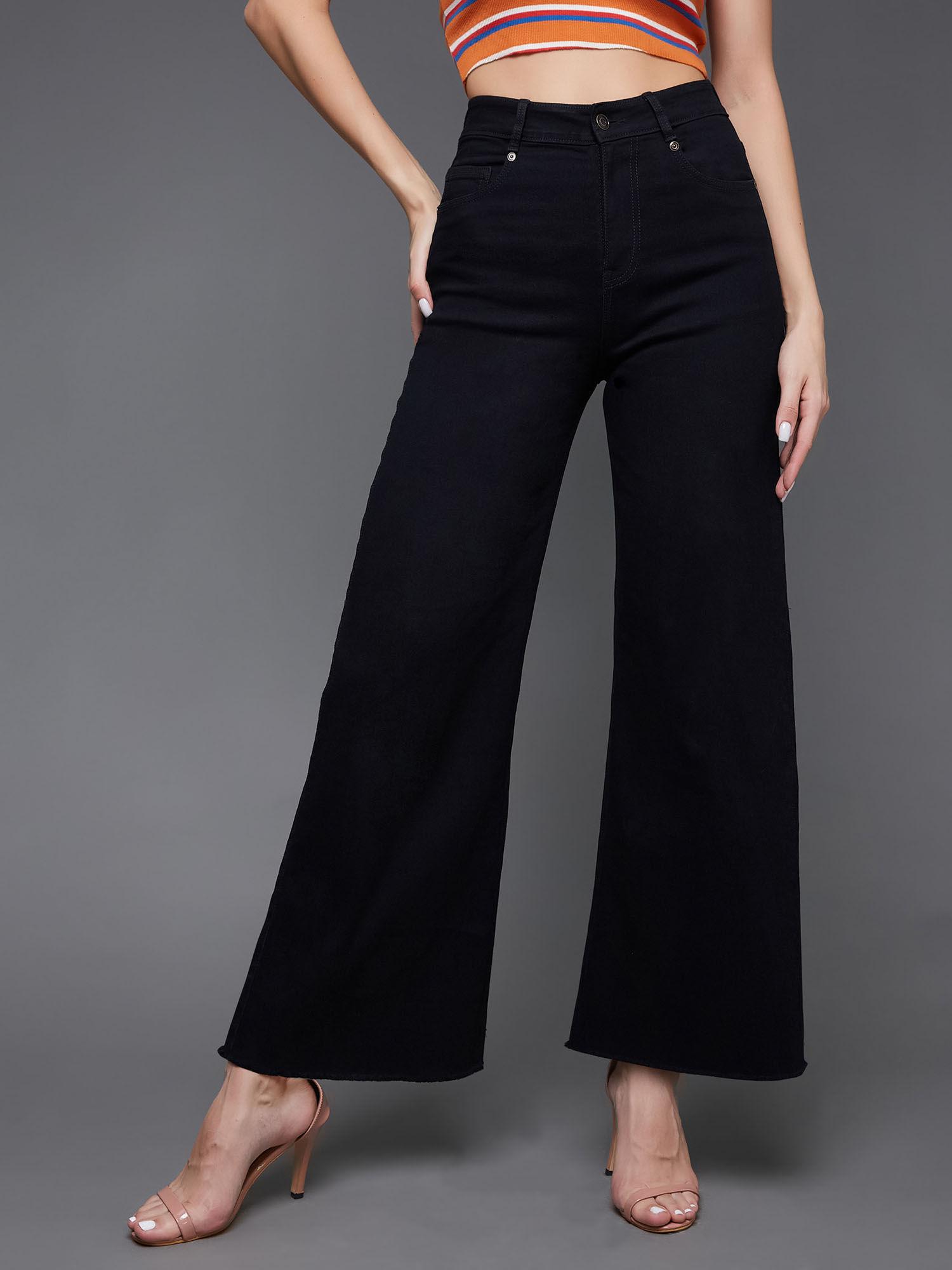 womens black high rise clean look stretchable wide leg denim jeans