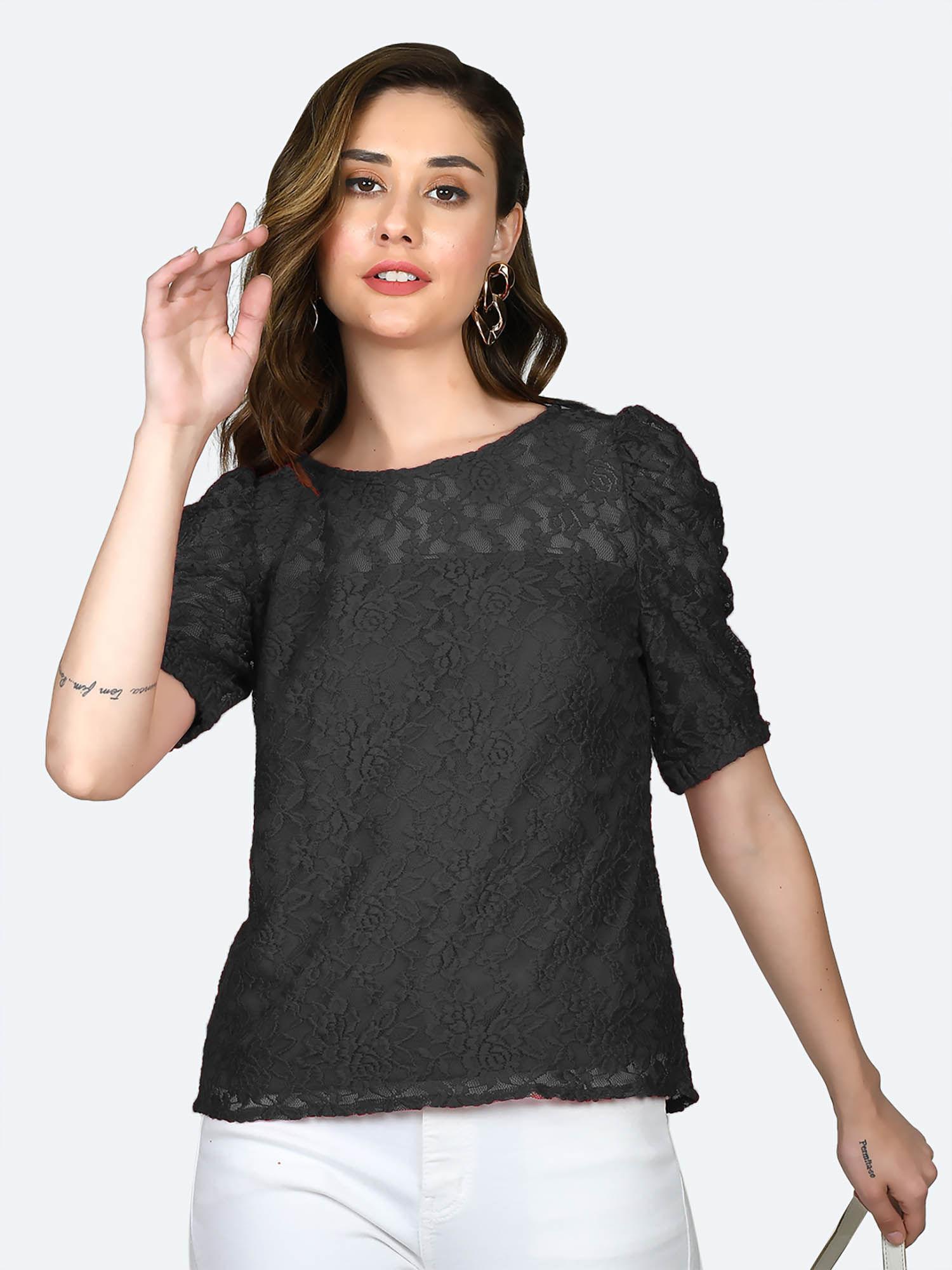 womens black lace round neck top