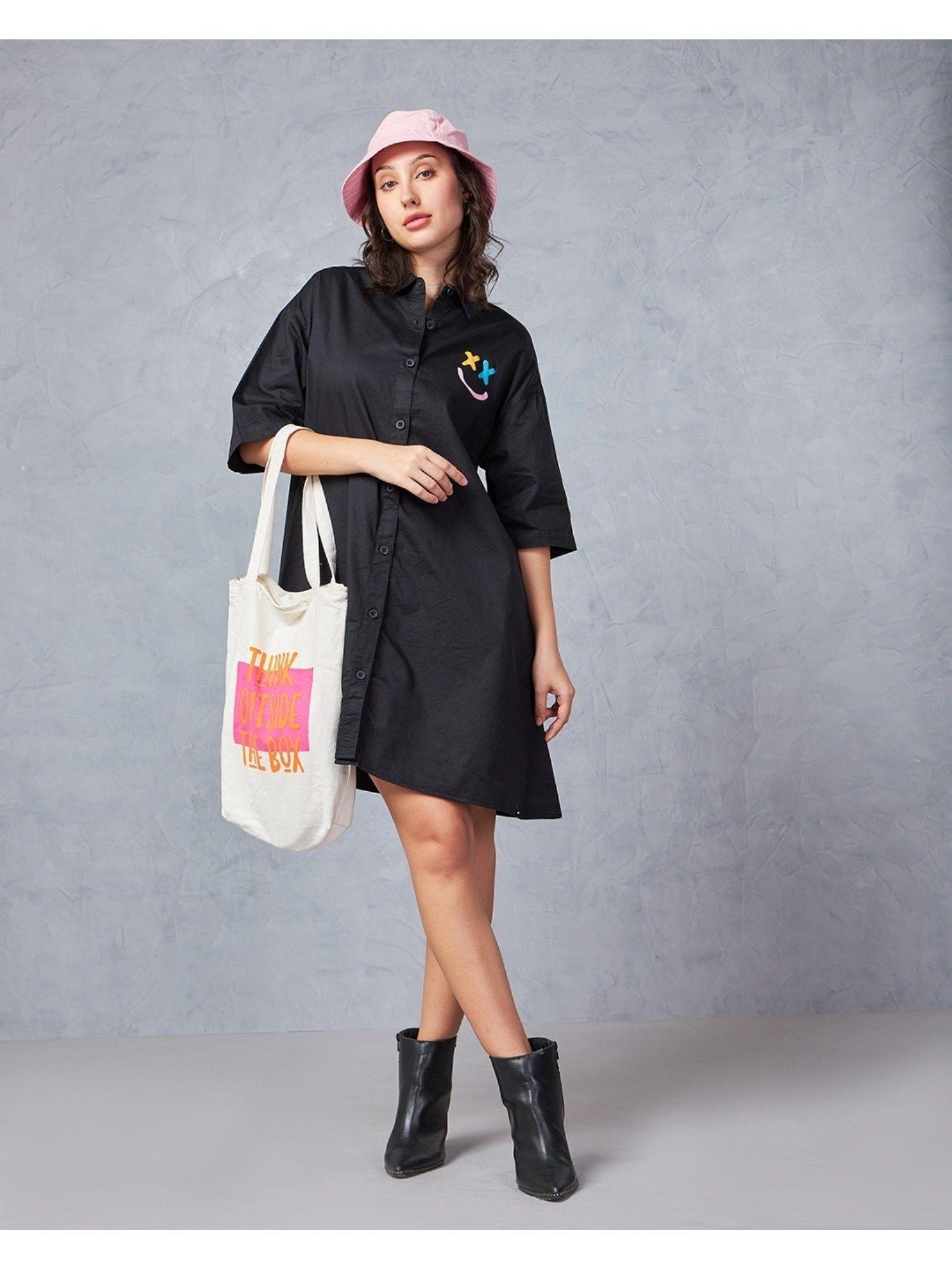 womens black let's over think it typography oversized mini dress