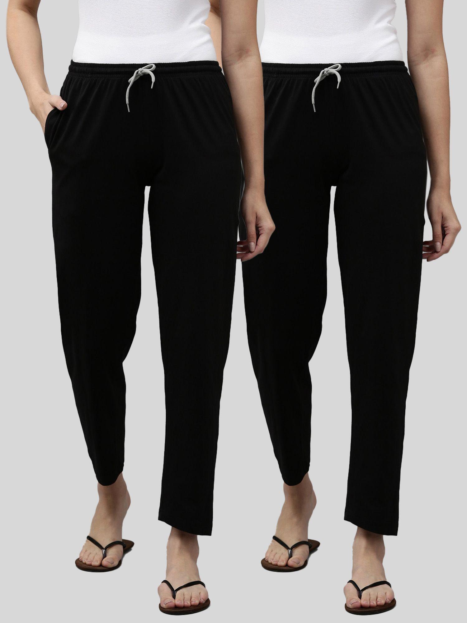 womens black mid waist cotton solid pants (pack of 2)