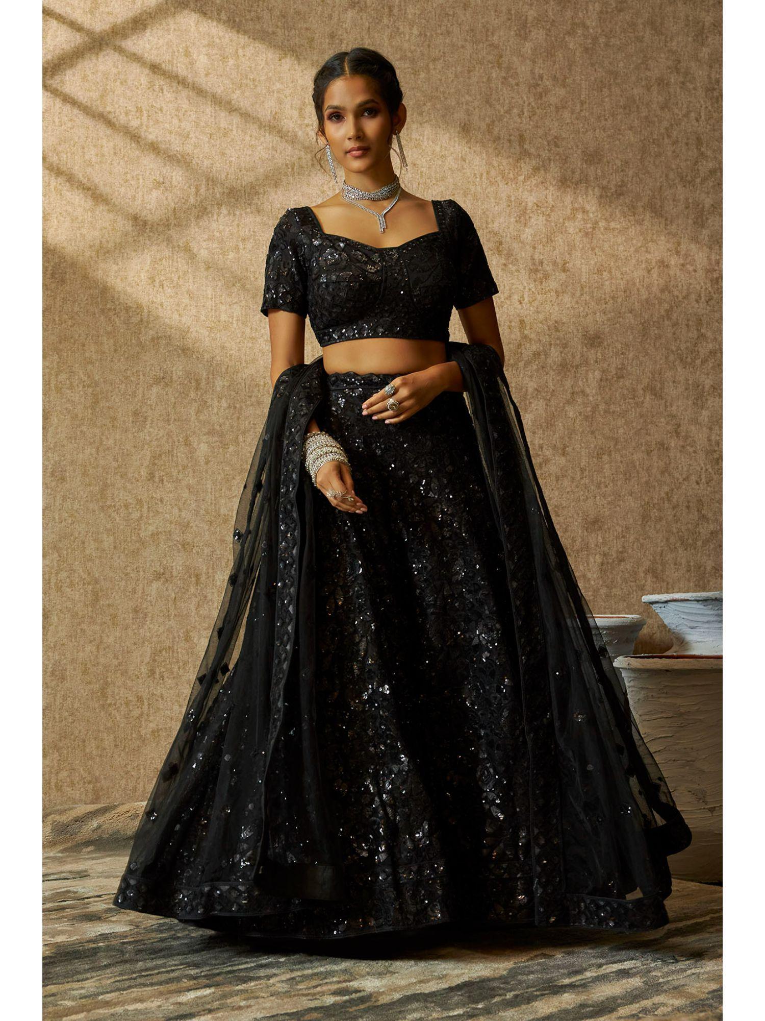 womens black net embellished unstitched lehenga choli (set of 3)