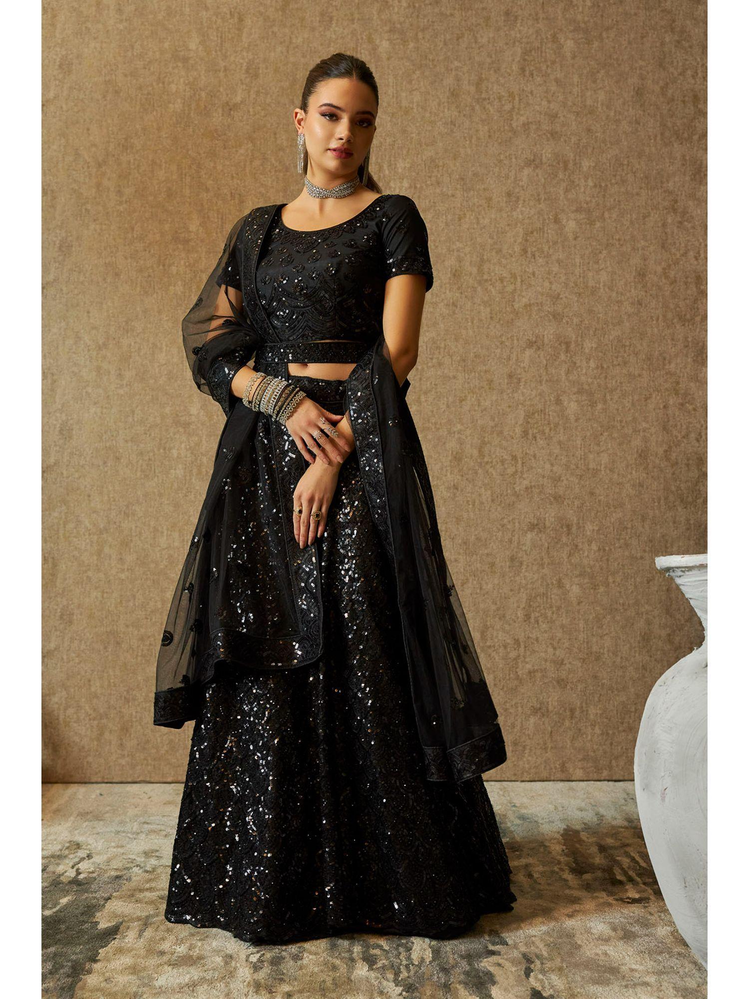 womens black net unstitched lehenga choli with sequins (set of 4)