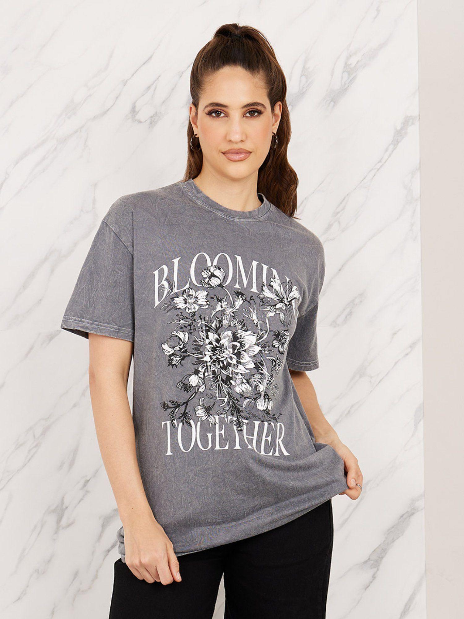 womens black oversized blooming together graphic print round neck longline t-shirt