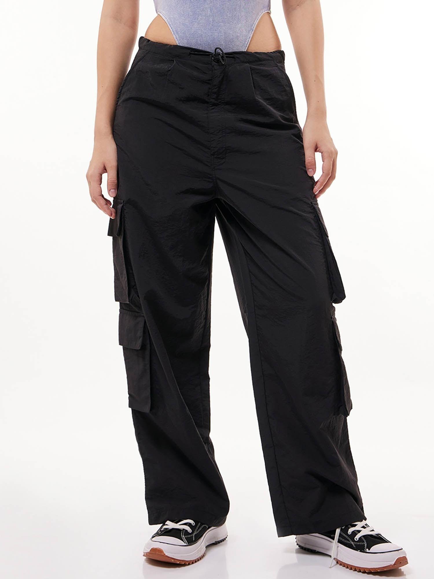 womens black oversized cargo parachute pants