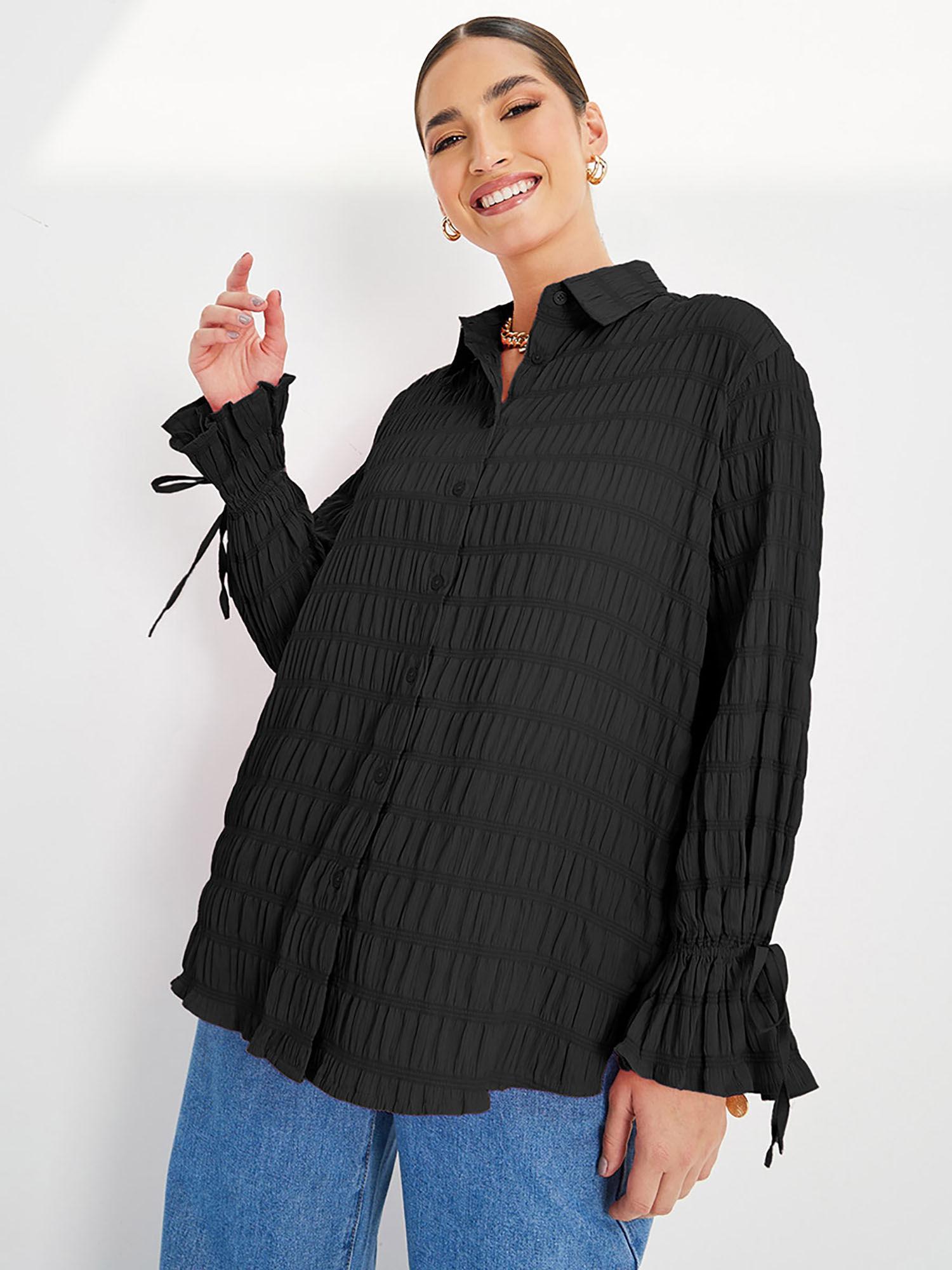 womens black oversized long length shirt in textured poly fabric