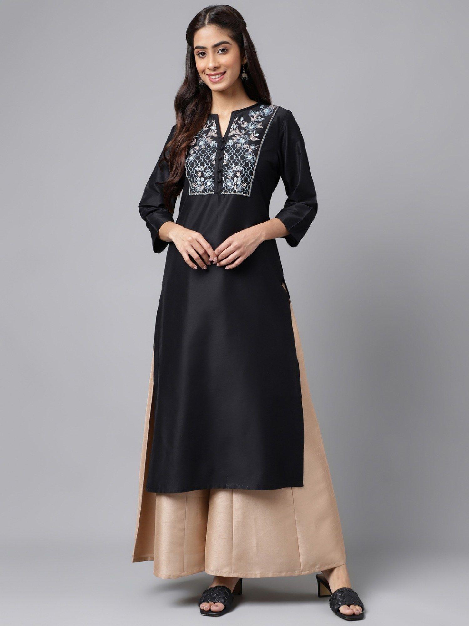 womens black poly silk solid straight kurta