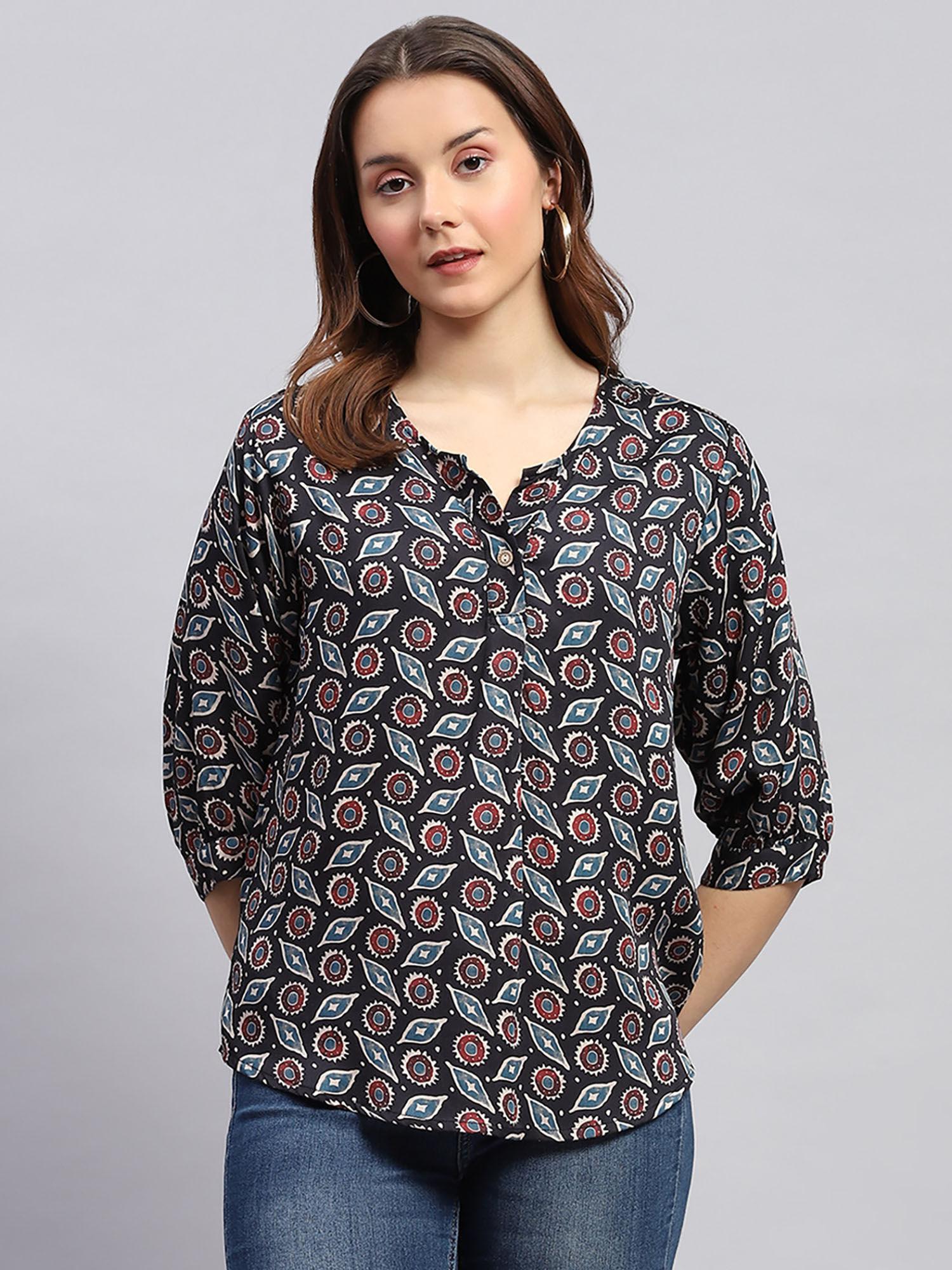 womens black printed 3/4th sleeve regular fit top