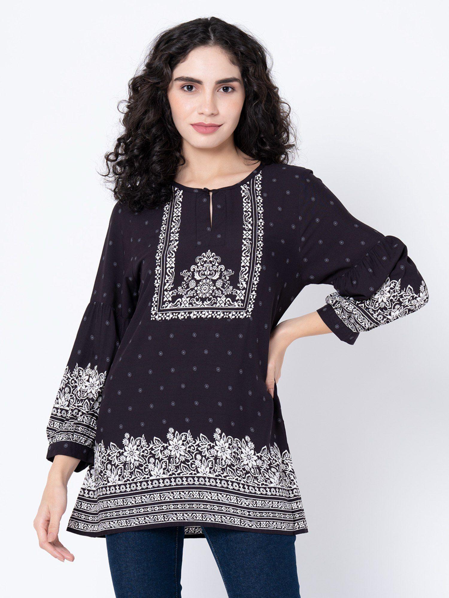 womens black printed blouse tunic