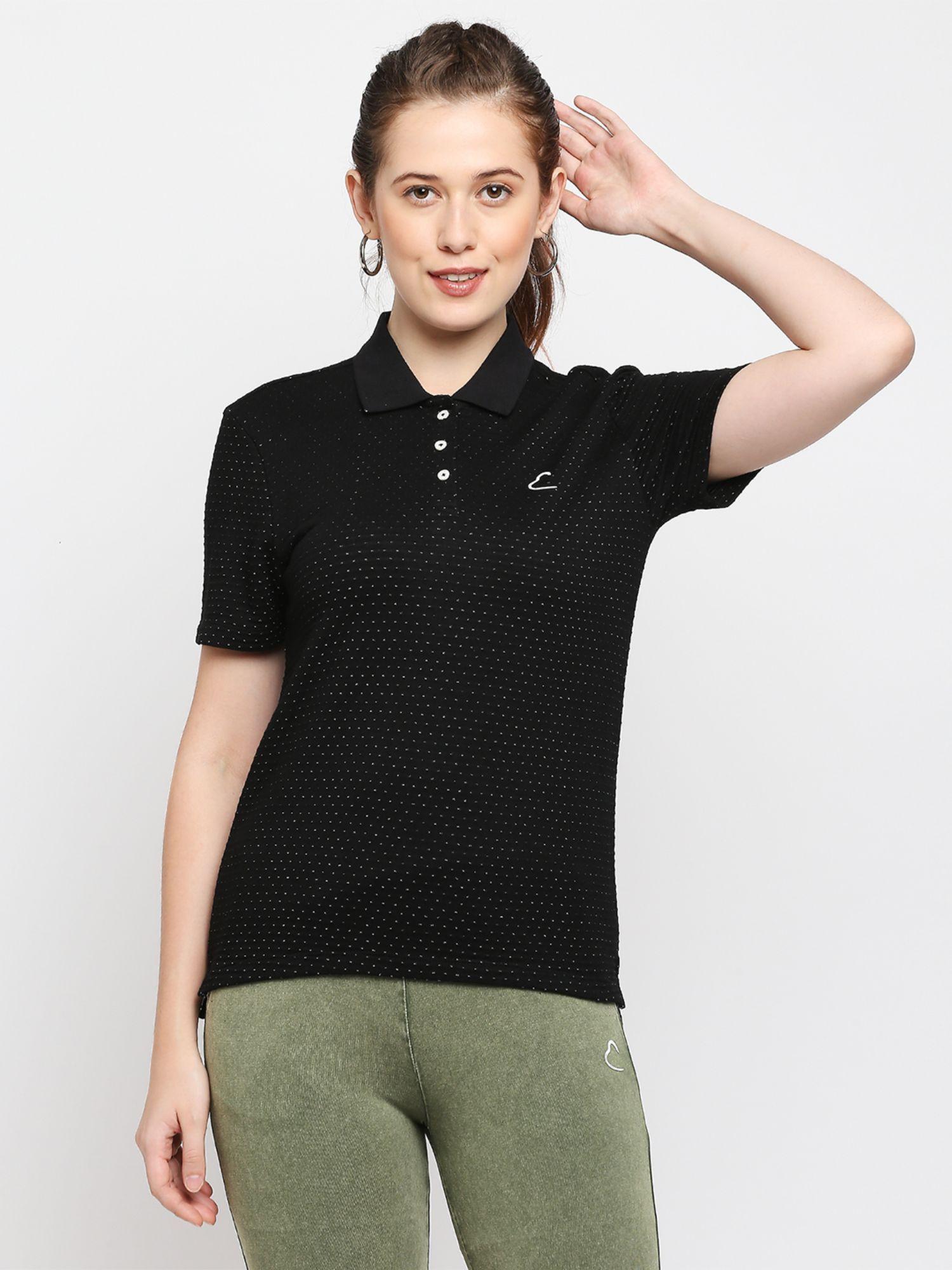 womens black printed collar neck polo t-shirt