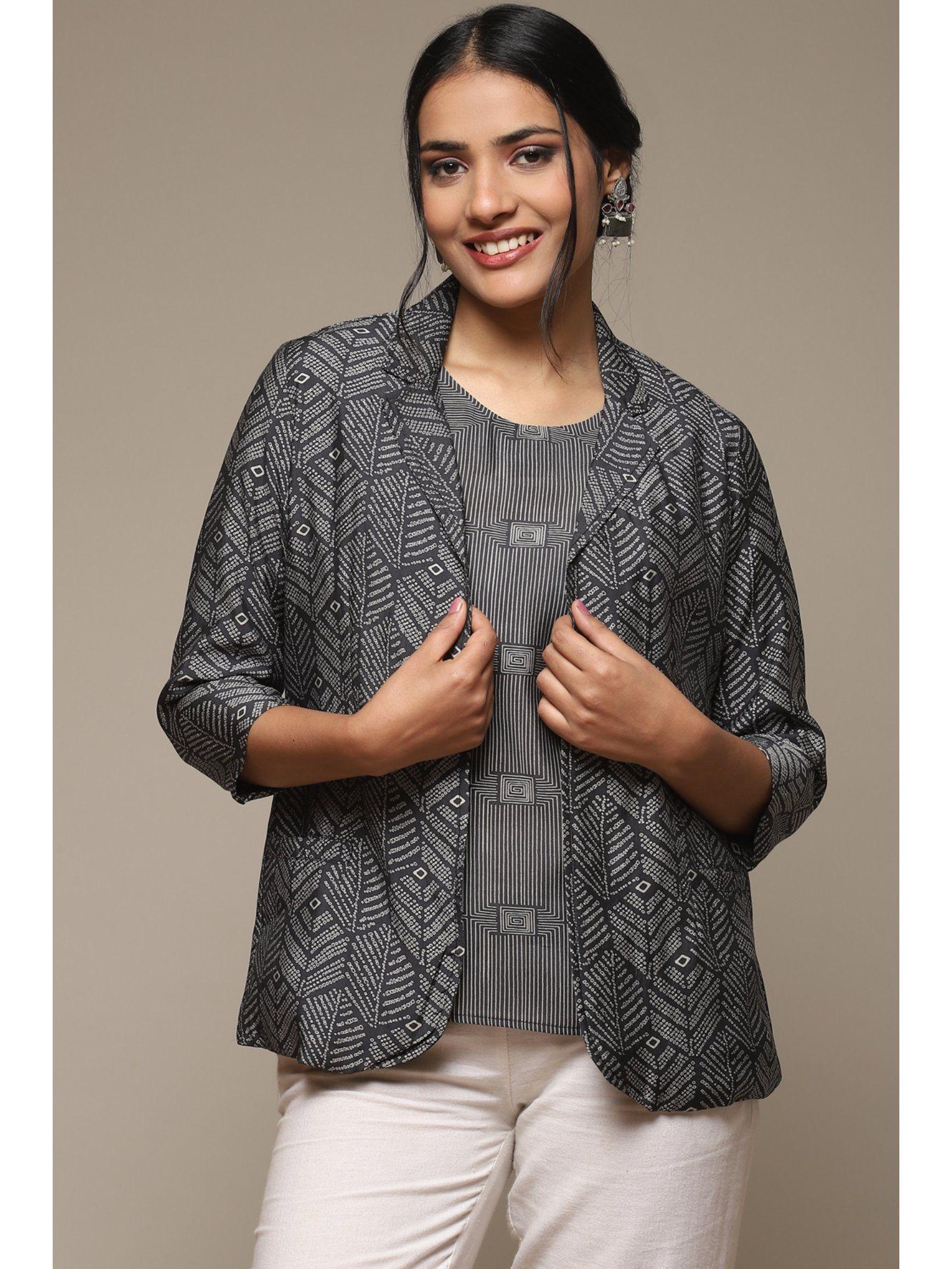 womens black printed poly viscose ethnic jackets (set of 2)