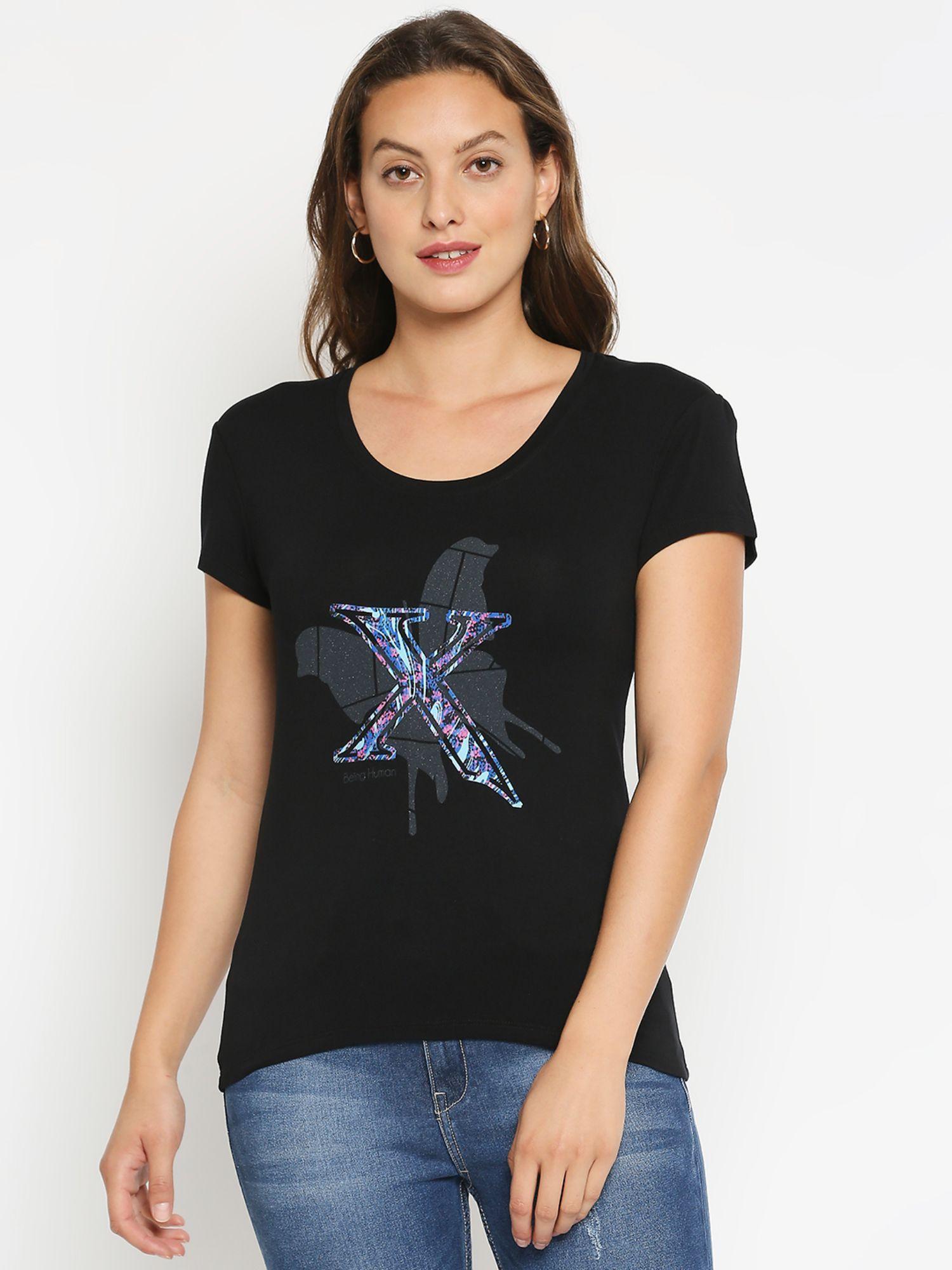 womens black printed round neck t-shirt