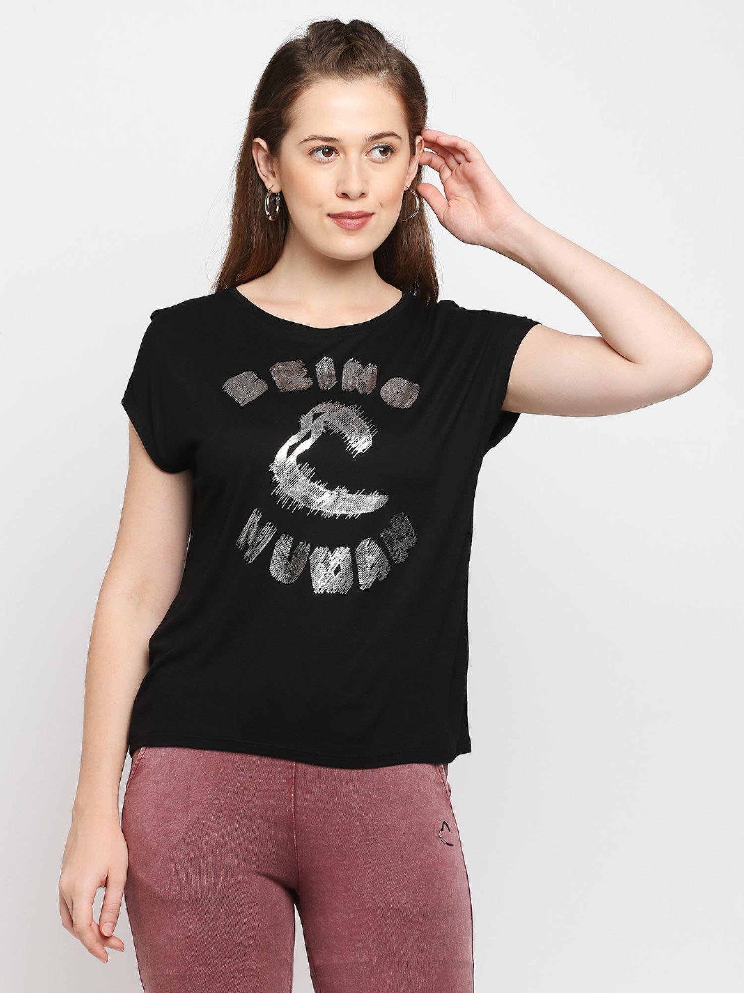 womens black printed round neck t-shirt