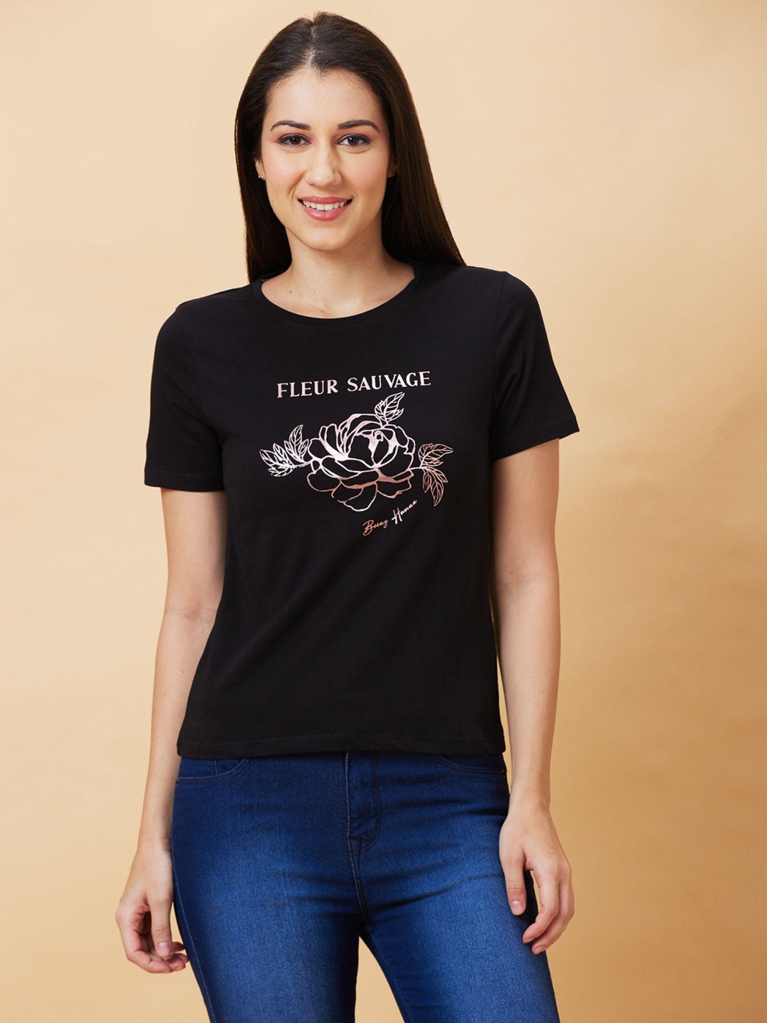 womens black printed round neck t-shirt