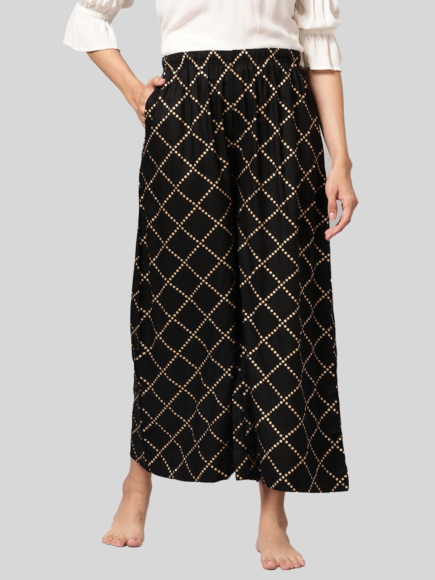 womens black printed viscose light weight flared lounge pant