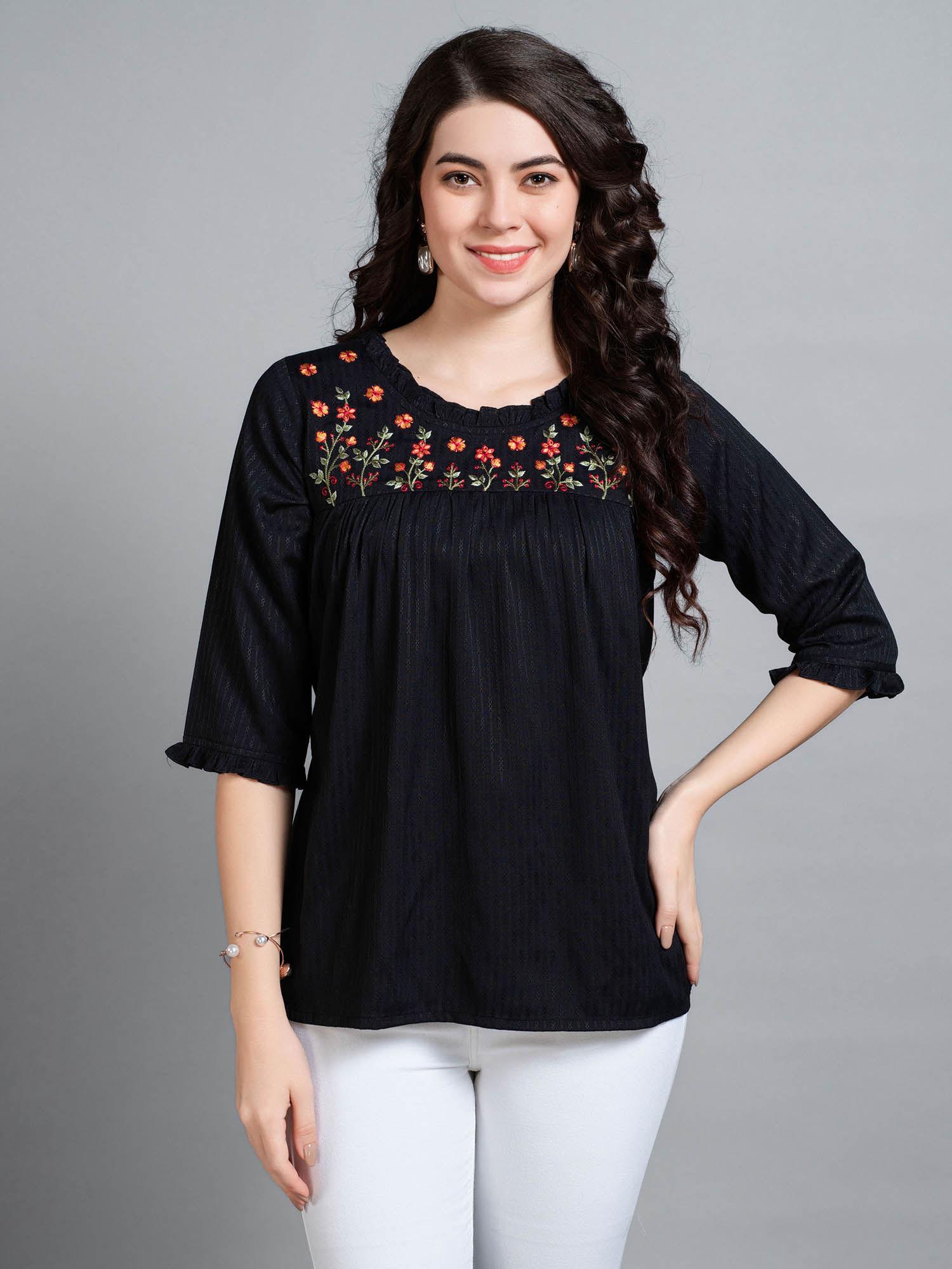 womens black pure viscose rayon floral embroidered a-line top