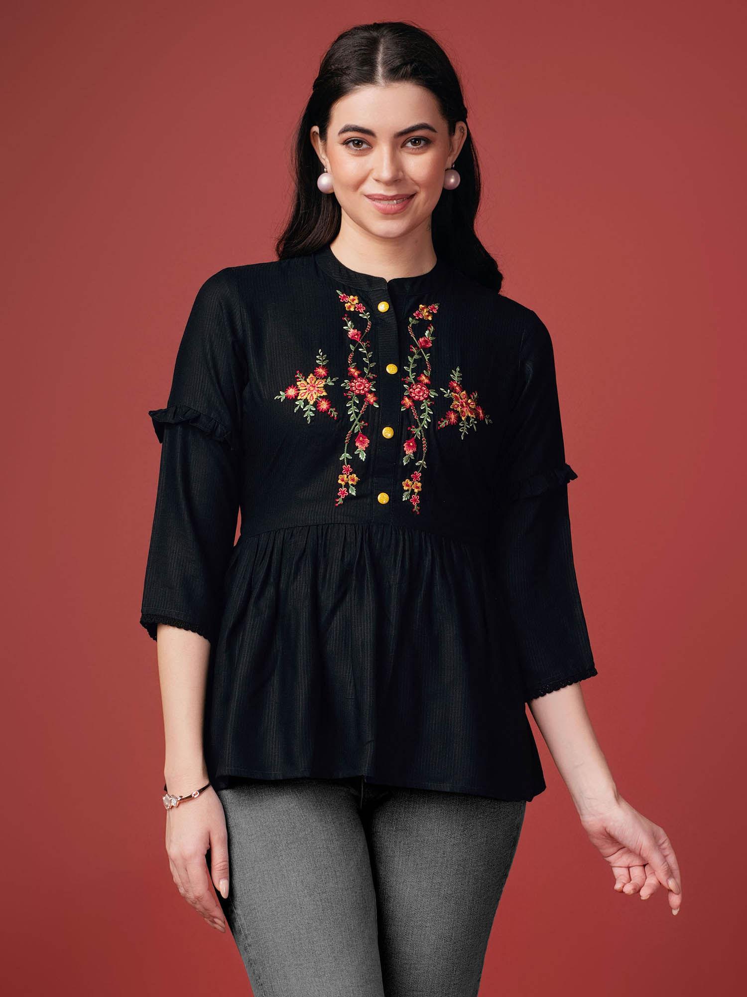 womens black pure viscose rayon floral embroidered flared top