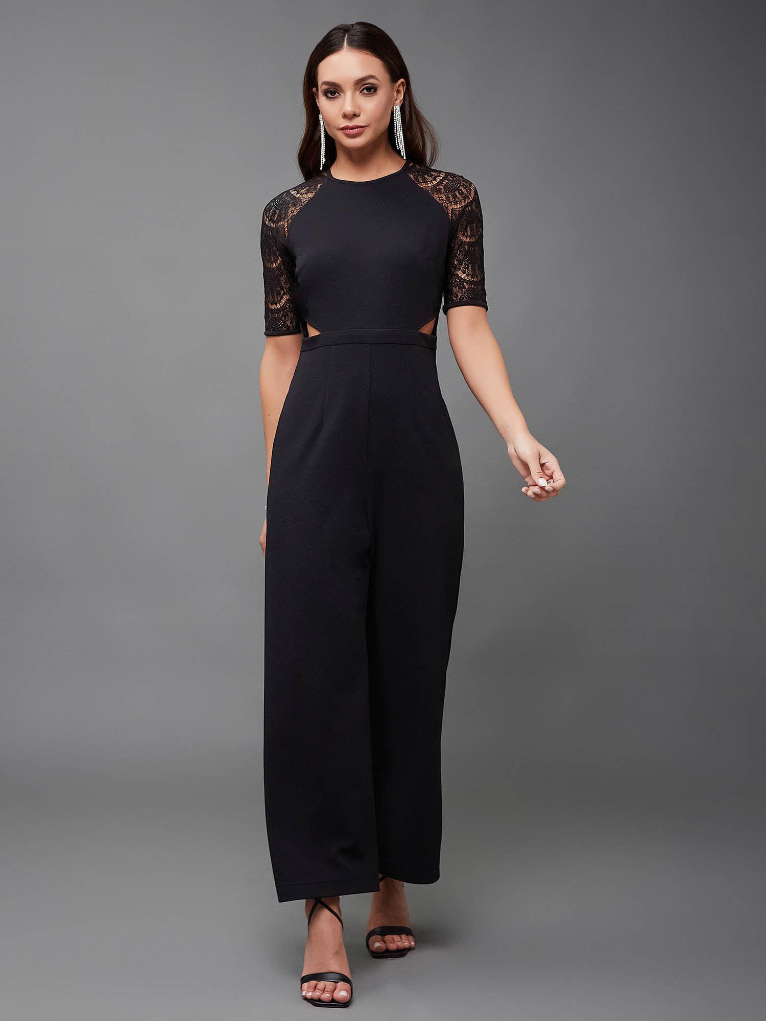 womens black raglan half sleeve solid waist cut-out regular jumpsuit
