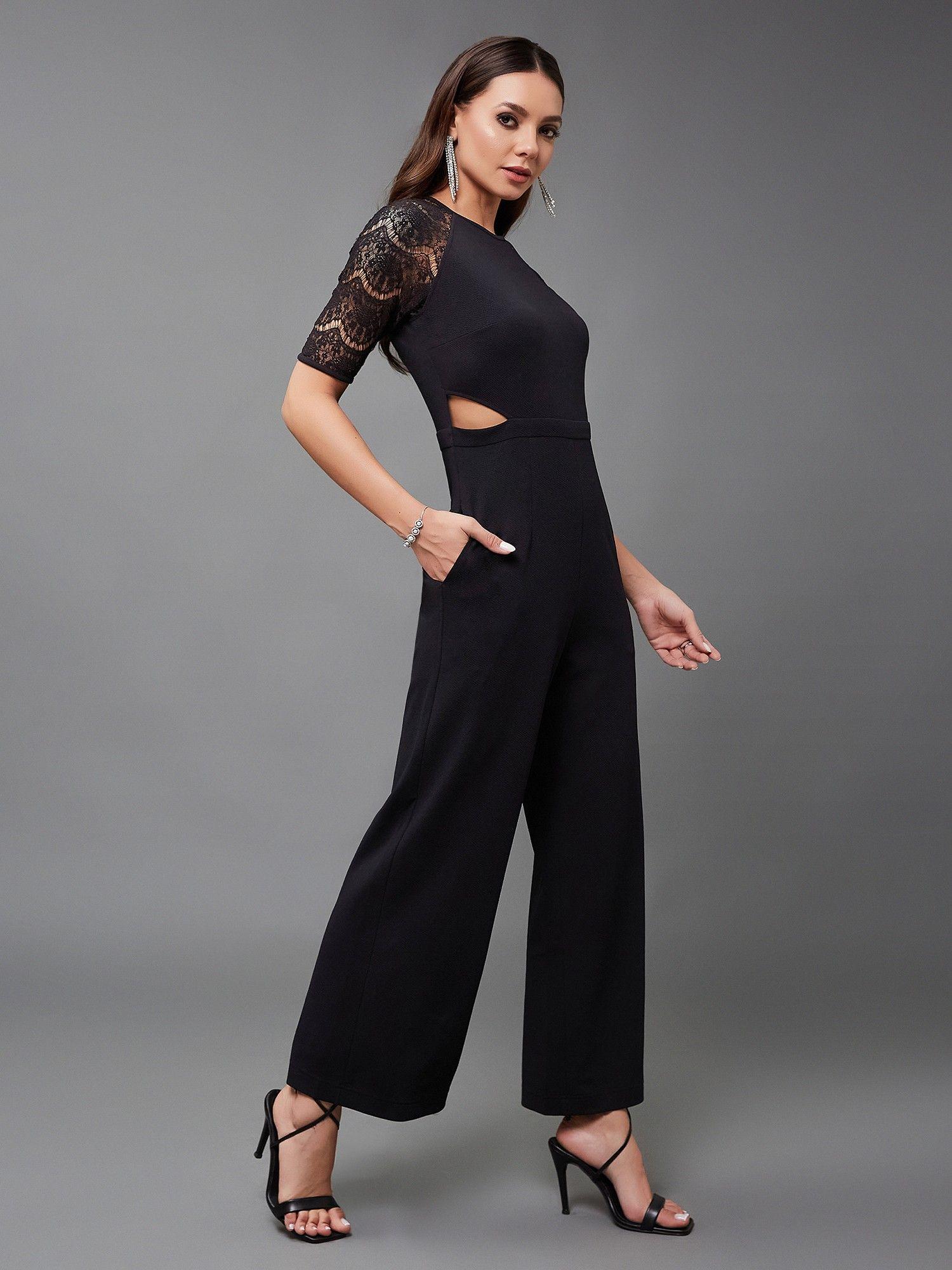 womens black raglan half sleeve solid waist cut-out regular jumpsuit