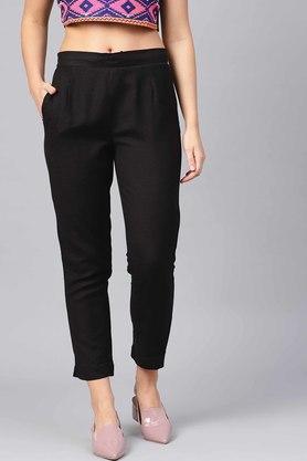 womens black rayon flex solid cigarette pants with pockets - black