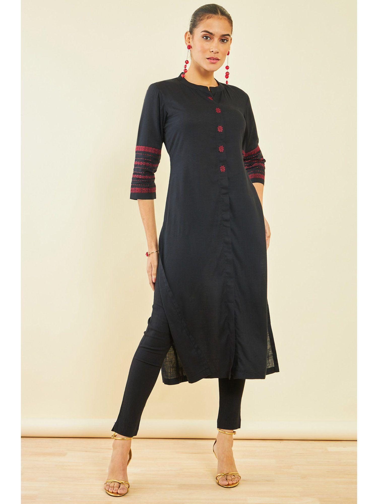 womens black rayon slub kurta with ethnic embroidery