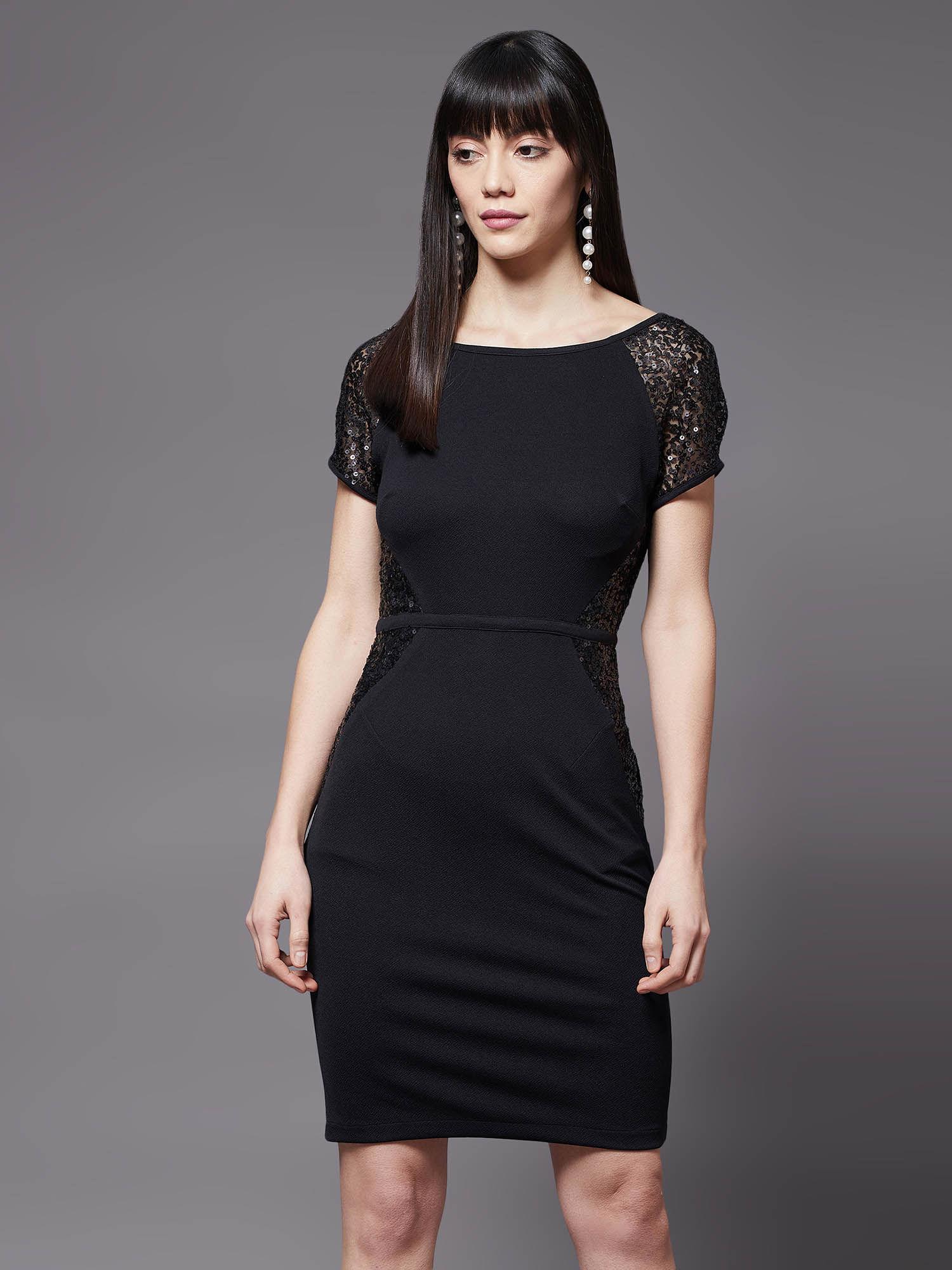 womens black round neck half sleeves solid bodycon mini dress