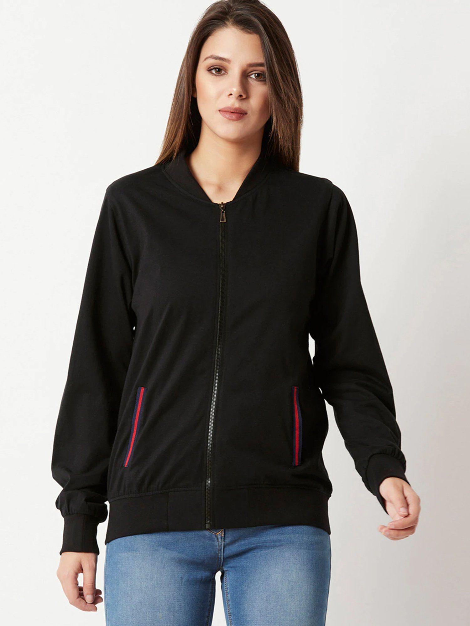 womens black round neck multicolored twill tape detailing bomber jacket